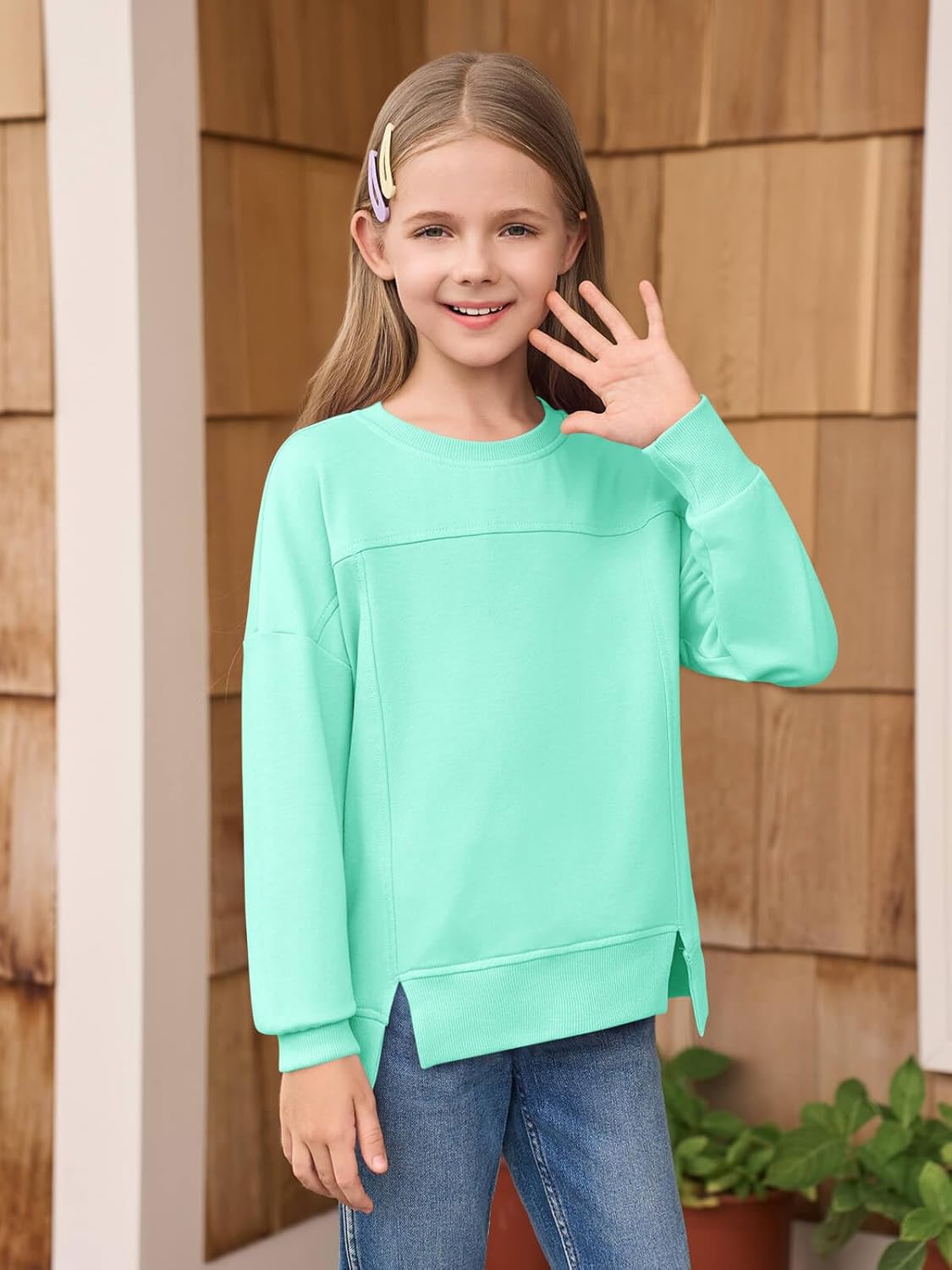 Haloumoning Girls Casual Crewneck Sweatshirt Kids Long Sleeve Side Slit Oversized Pullover Tops 5-14Y - Image 4