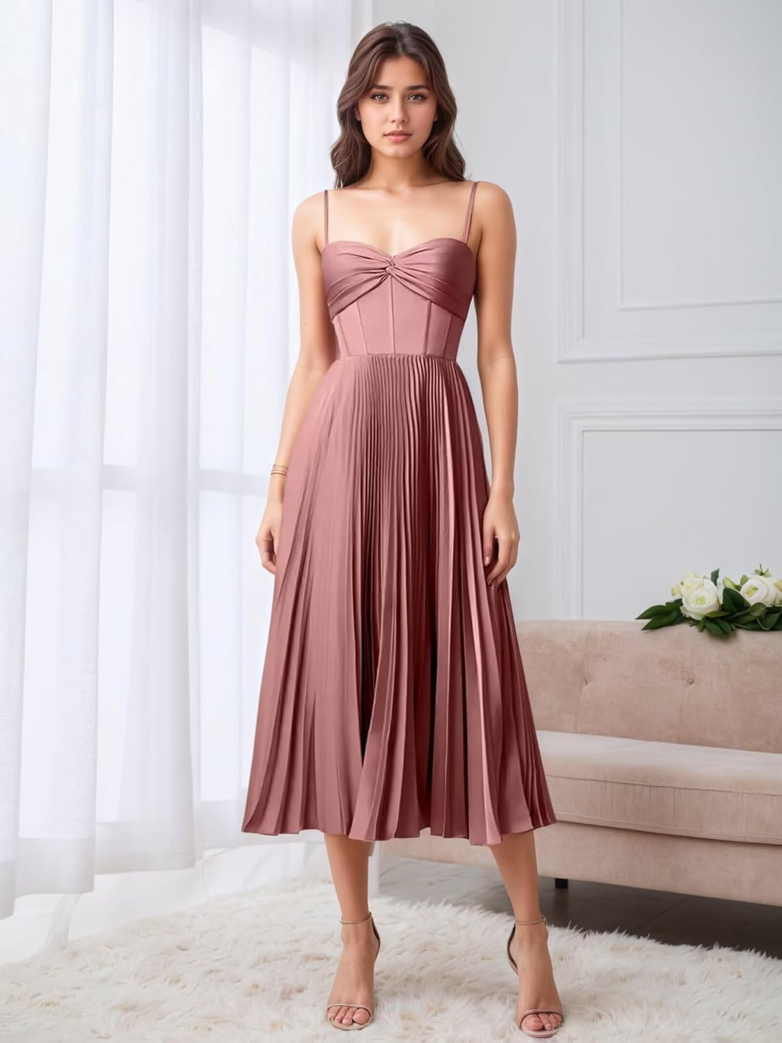 A-Line Satin Bridesmaid Dresses for Women Pleated Tea Length Spaghetti Straps Corset Wedding Guest Dress