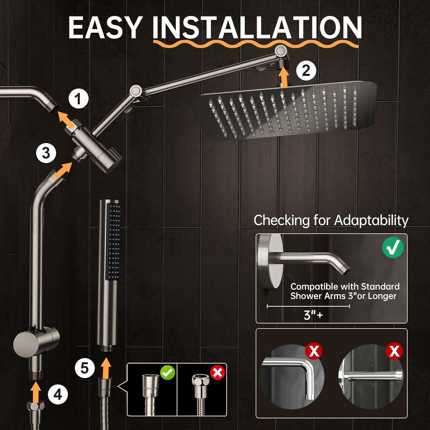Veken 10" Luxurious Brushed Nickel All Metal Rain Shower Head with Handheld Spray Combo, High Pressure Rainfall Square Shower Heads with Extension Arm, Wide Dual Showerhead, Bathroom Accessories