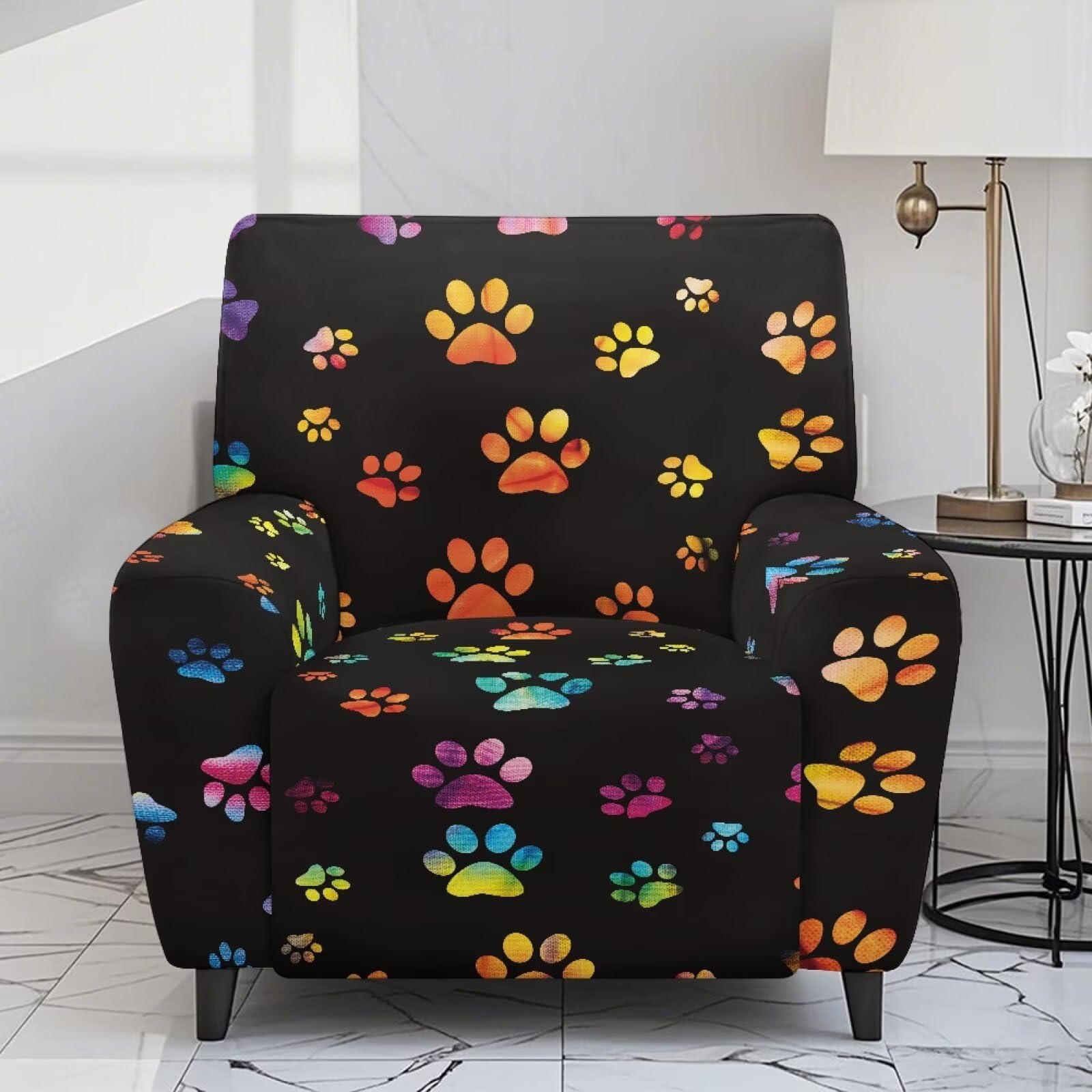 Wiryuouvt Colorful Dog Paw Small Recliner Cover 1 Cushion Reclining Sofa with Side Pockets Lazy Boy Chair Covers for Reclining Chair with Handle Fitted Sofa Couch Cover 1 Seat Recliner Couch Covers