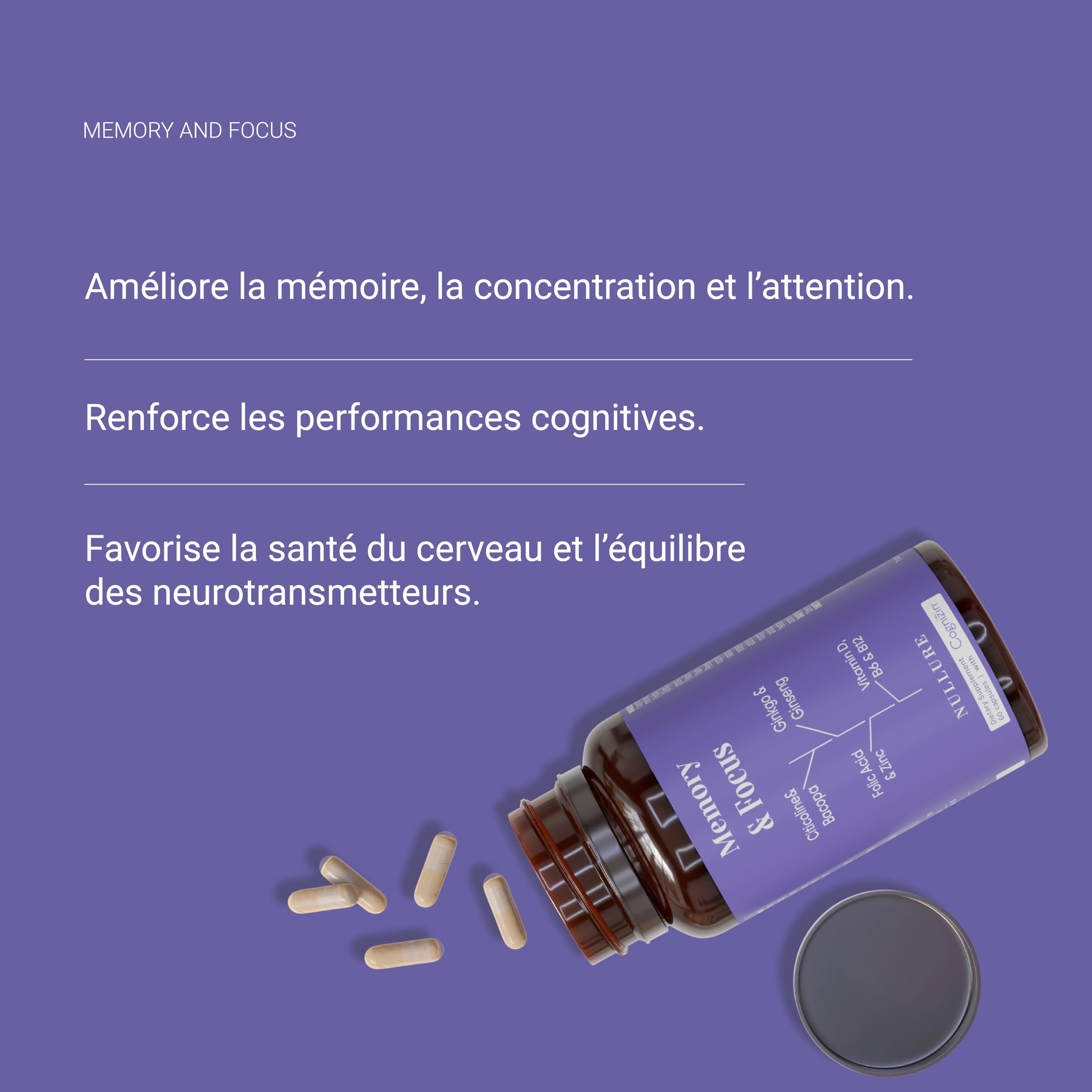 Nullure Nootropique Mémoire et Concentration | Stimulant Cognitif · Énergie · Vivacité Mentale | Citicoline COGNIZIN + Ginkgo Biloba 6000mg + Bacopa Monnieri + Ginseng + Zinc | Sans Caféine | 60 cps.