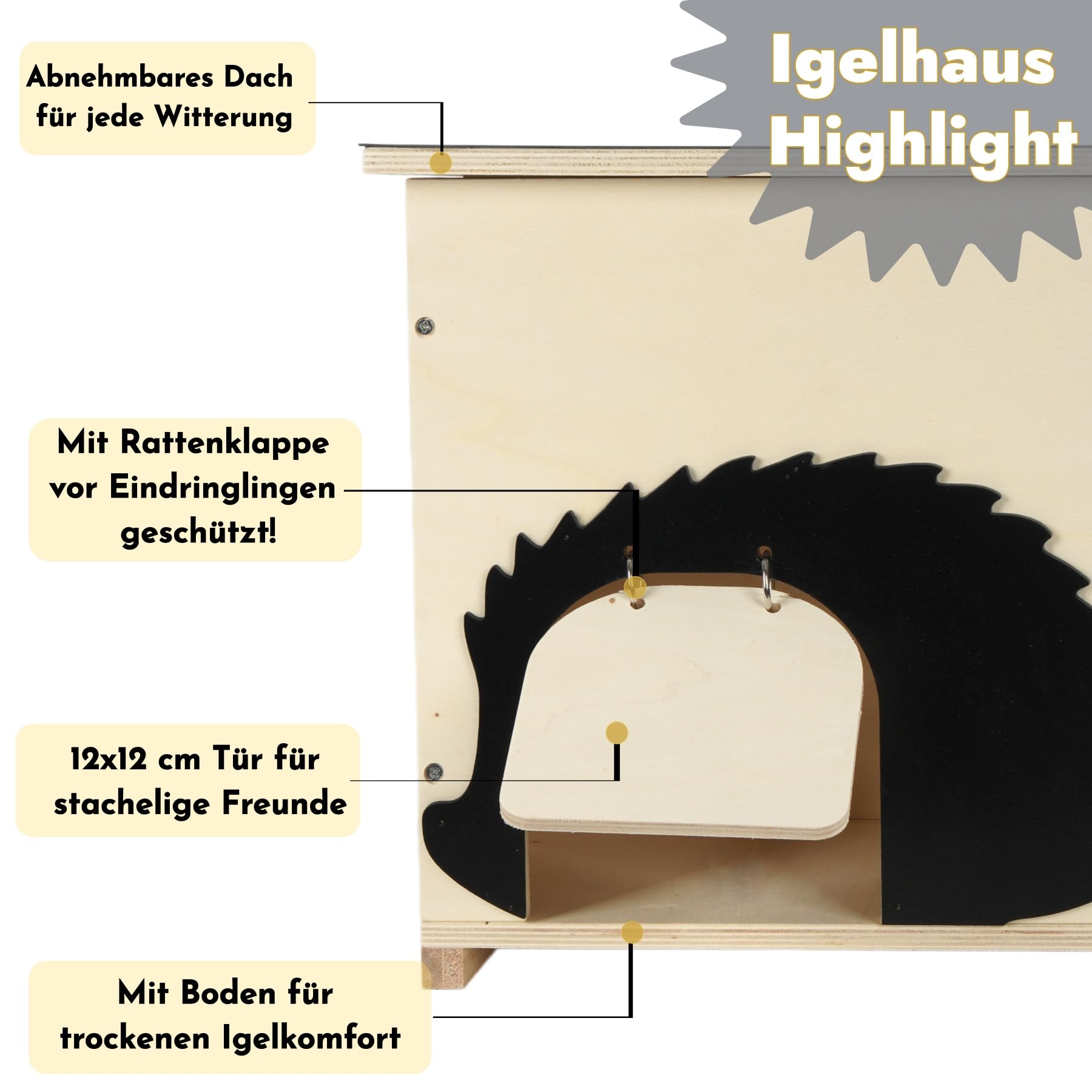 Igelhaus Groß mit Rattenklappe und Labyrintheingang Winterfest, Holz Igelhotel mit Boden 37 x 30 x 28 cm, Igelhütte für Igel zum Unterschlupf & Winterschlaf