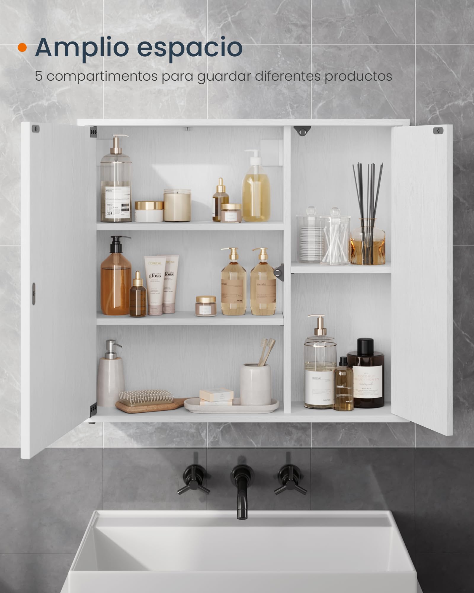 SONGMICS Home Armario de Baño con Espejo, Montaje Súper Rápido Sin Herramientas Toolless, Espejo con Compartimento, Estantes Ajustables y Puertas, Moderno, 15 x 60 x 55 cm, Blanco Nieve BBC114WE01