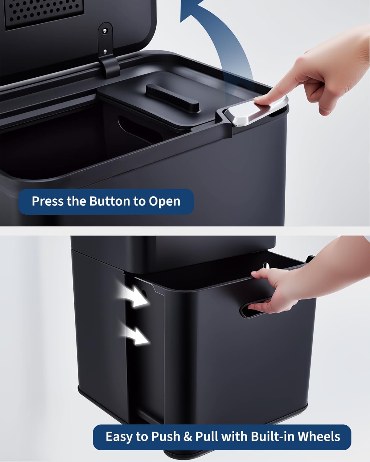 Garvee 16 Gal Dual Trash Can for Kitchen, 2 Compartment (33l + 28l) Garbage Can with Compost Bin, Stainless Steel Trash and Recycle Bin Combo with Removable Inner Bucket, Odor Control, Black