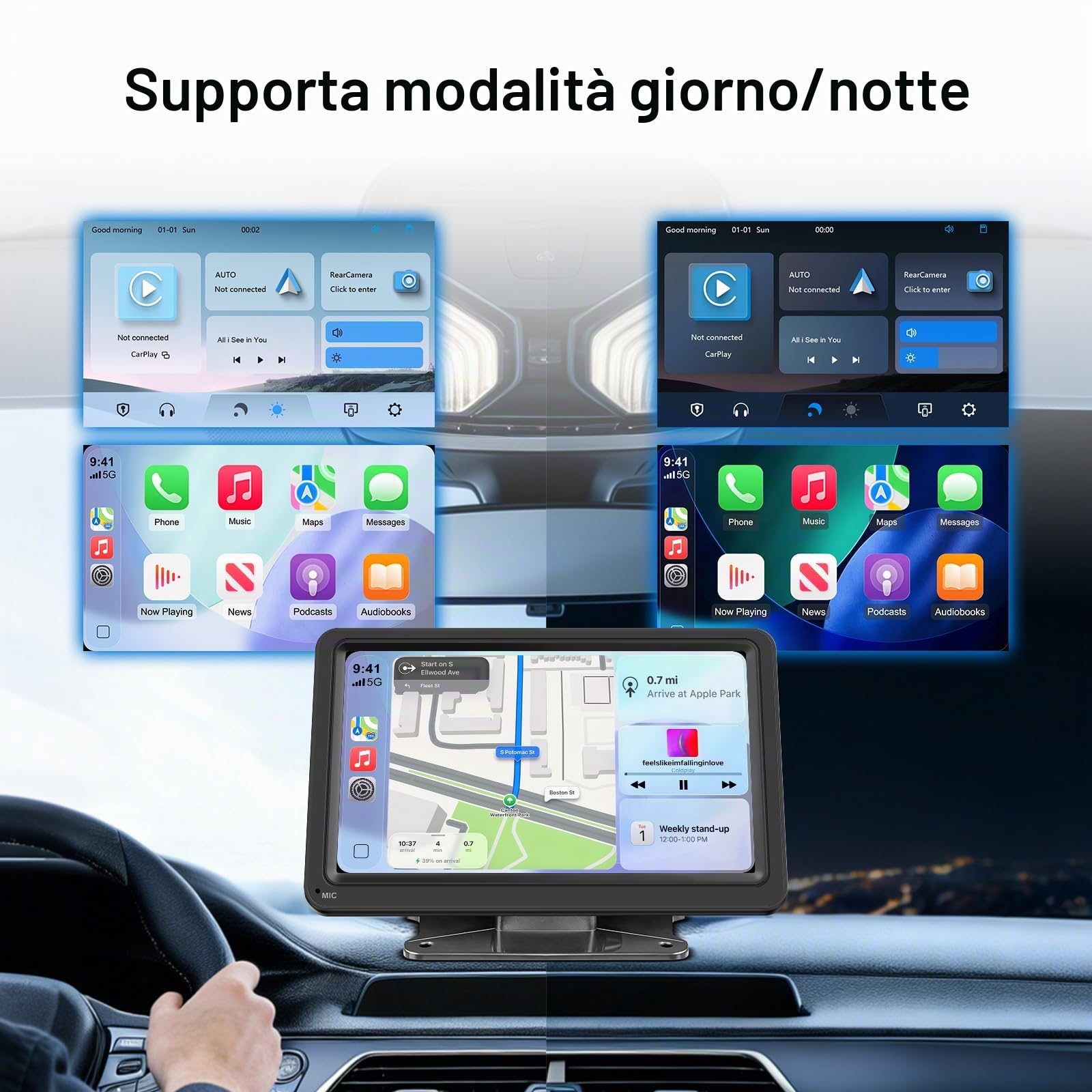 Display portatile CarPlay wireless 7" IPS per auto con Android Auto | Schermo touch IPS modalità giorno/notte Bluetooth trasmettitore FM AUX MirrorLink compatibile 12-24V e connessione
