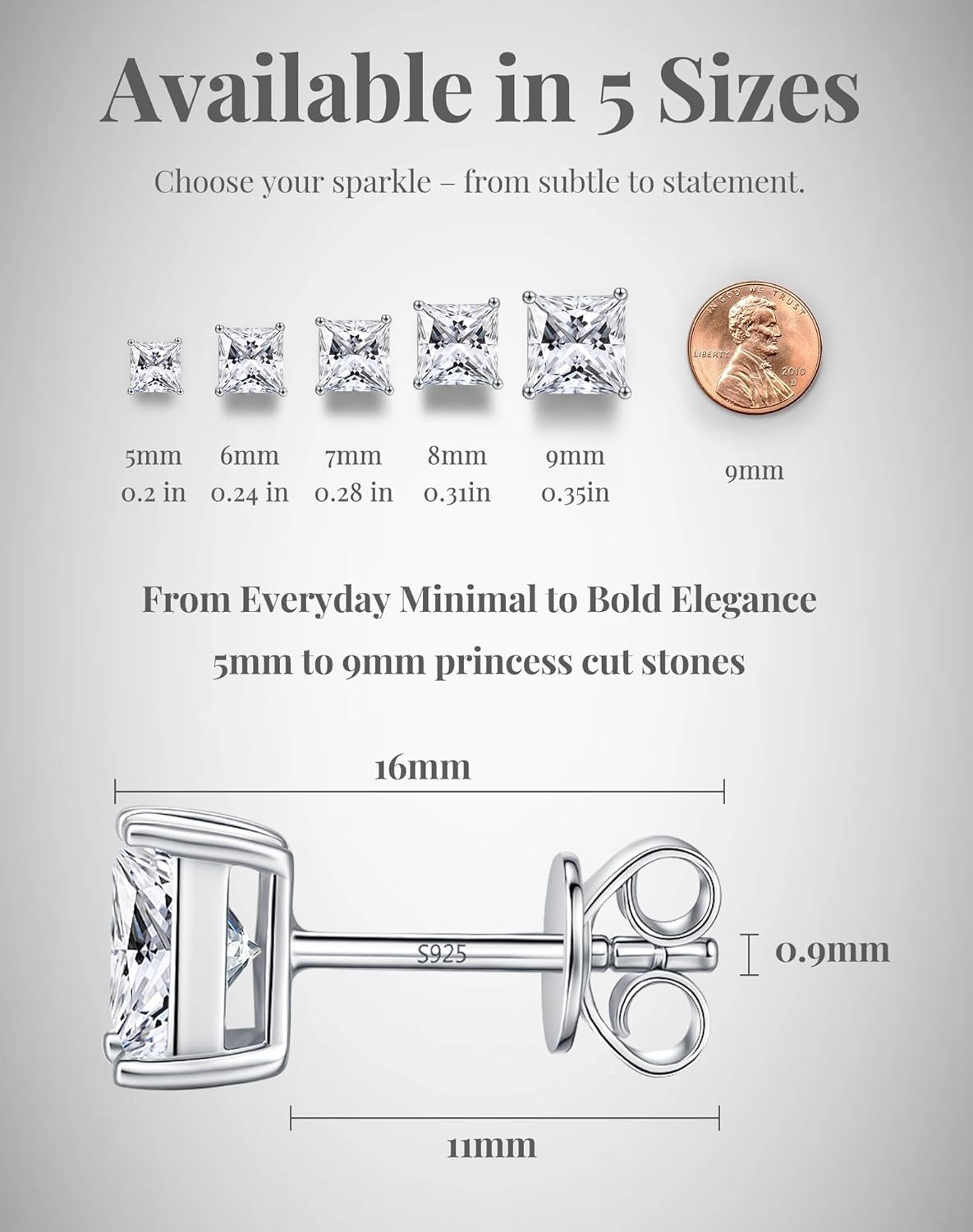 Cubic Zirconia Stud Earrings Princess Cut Simulation-Diamond Earrings for Women Men 18K White Gold Plated 925 Sterling Silver square studs Hypoallergenic with gift box