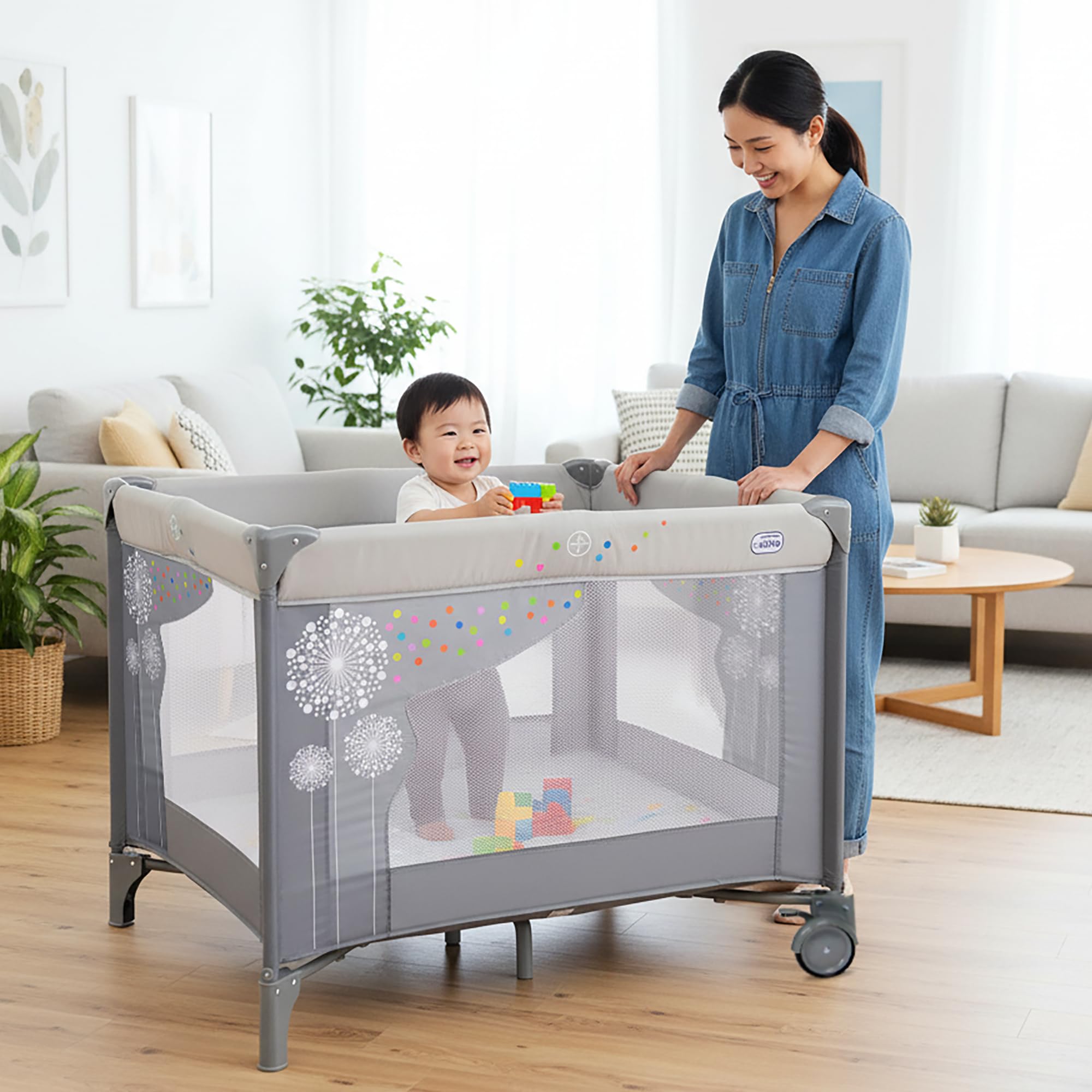 Parc bébé pliable carré 99x99 cm – Base matelassée + Porte zippée + 2 roues avec freins + Filet respirant sur 4 côtés – Facile à transporter et à ranger – Dandelion Asalvo