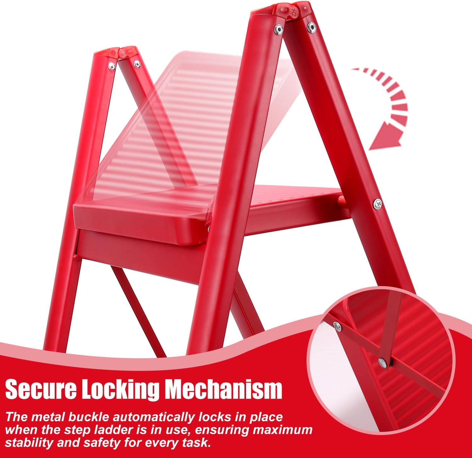 3 Step Ladder Stool for Adults, Folding Steel Step Stool w/Wide Anti-Slip Pedal, Ergonomic Design & Handrail, Lightweight, Portable for Home/Kitchen/Office,Red