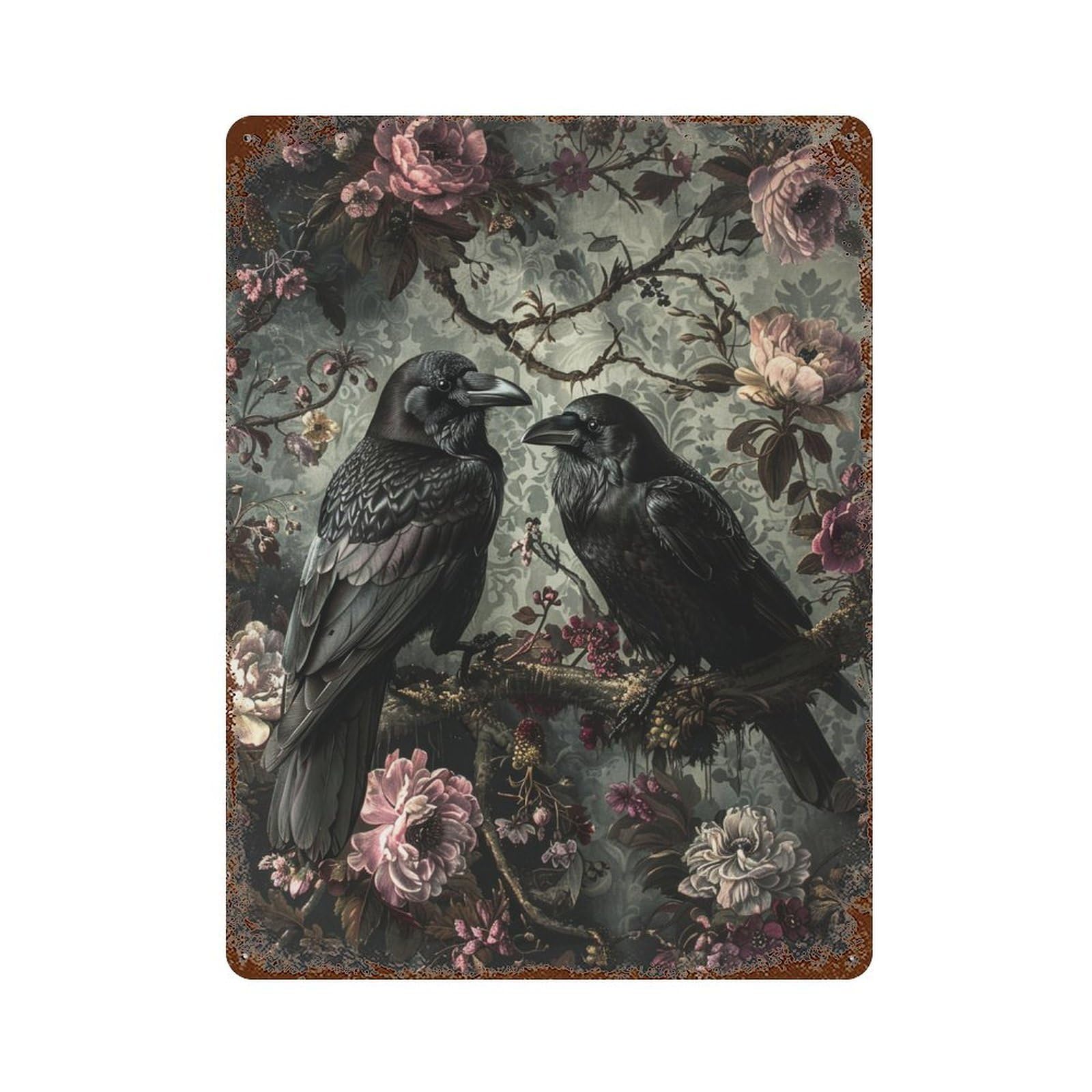 Gothic Raven Floral Art Print Rust Effect Tin Sign 15.7"x11.8", Farmhouse Wall Decor for Bistro, Counter And Cafe Decor
