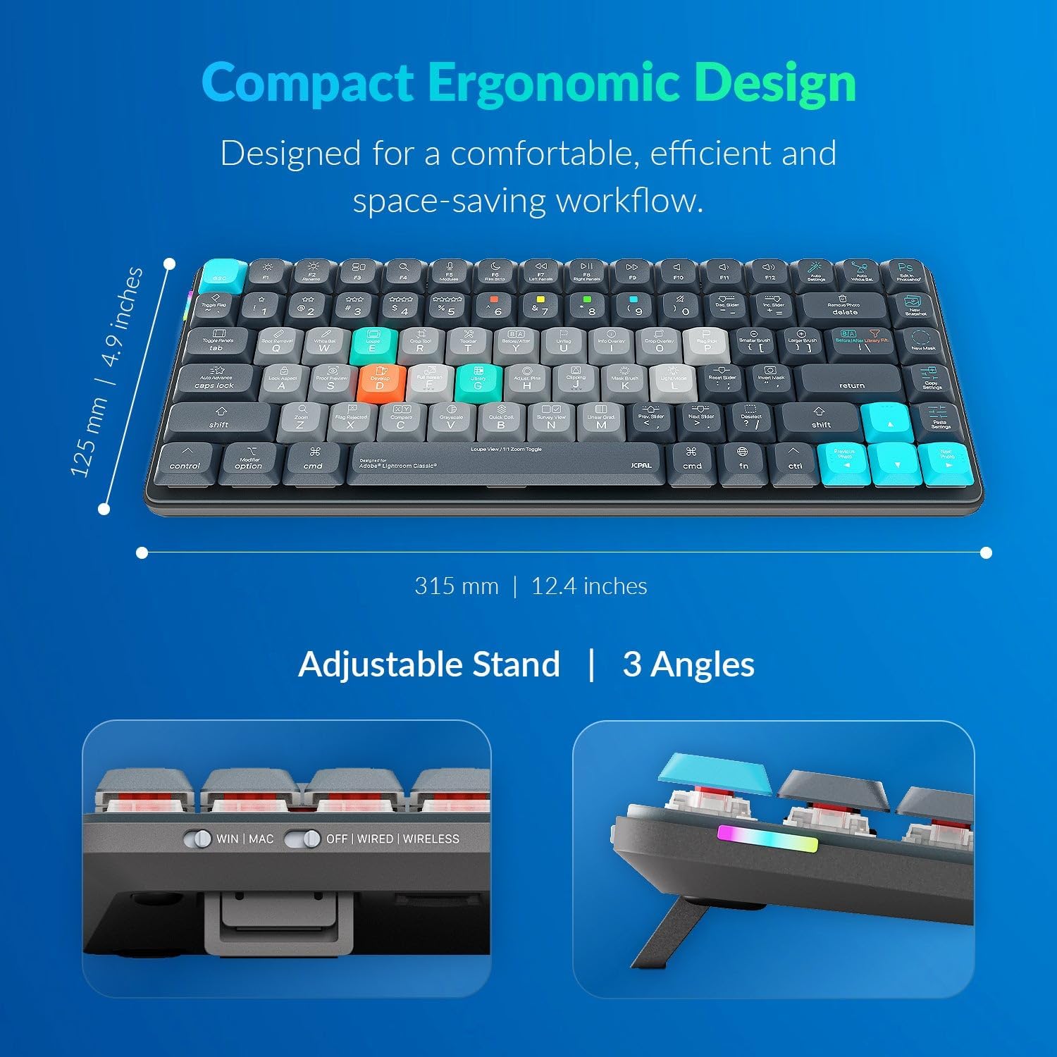 JCPAL Adobe Lightroom Keyboard • Dash Wireless Shortcut Keyboard for Mac and PC • Shortcut Hotkeys, Color-Coded Key Guide, Fully Customizable, Compact Low-Profile Design