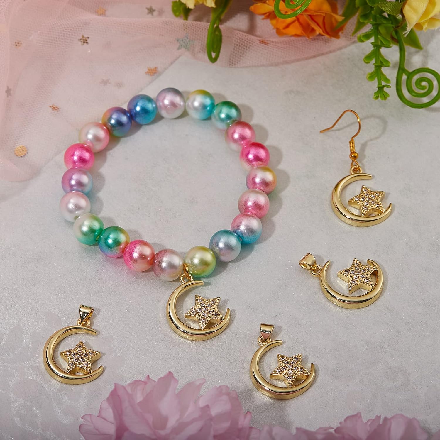 5 Pieces Moon with Star Brass Charm Pendants Brass Cubic Zirconia Pendants Real 16K Gold Plated for Jewelry Necklace Bracelet Earring Making - Image 4