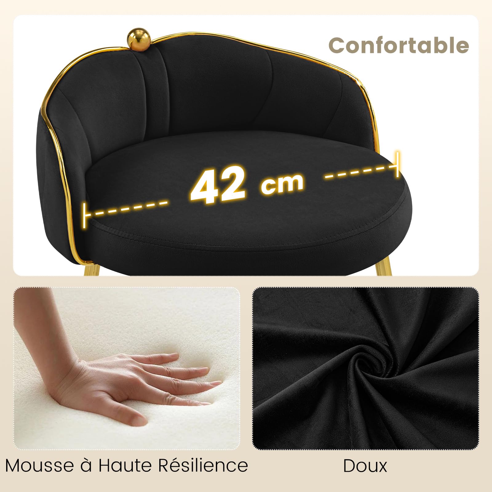 Hellove Tabouret Coiffeuse Samt avec Pieds en Métal Doré, Chaise de Maquillage Moderne Rond, Pouf Coiffeuse avec Dossier Courbé et Assise Rembourrée, Sièges de Coiffeuse pour Adulte, Noir