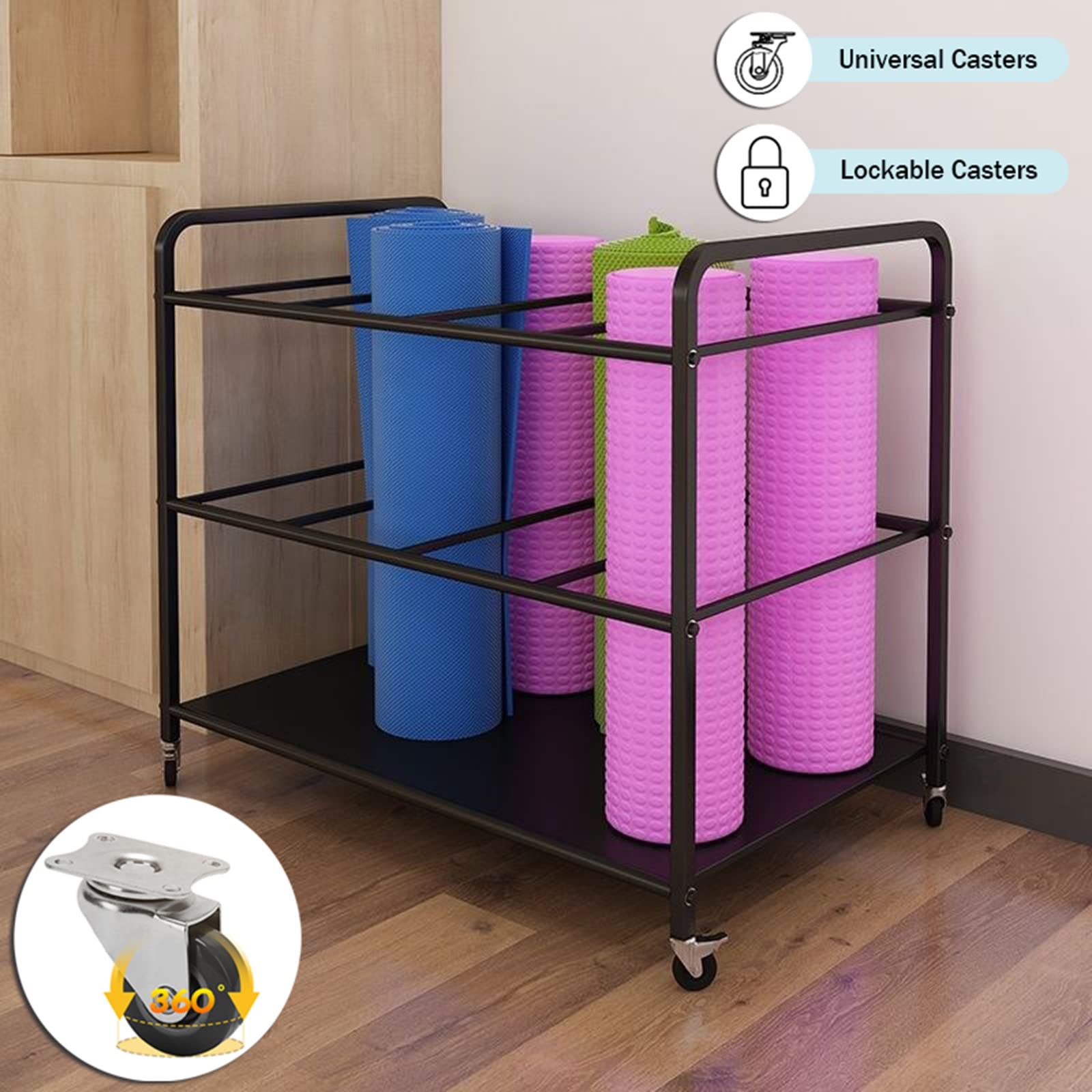 Heavy Duty Yoga Mat Cart z kółkami, zamykany stojak na sprzęt do pilatesu, uchwyt na piankę i organizer na podkładki do ćwiczeń, do domu, na siłownię lub studio Space Saving Solution