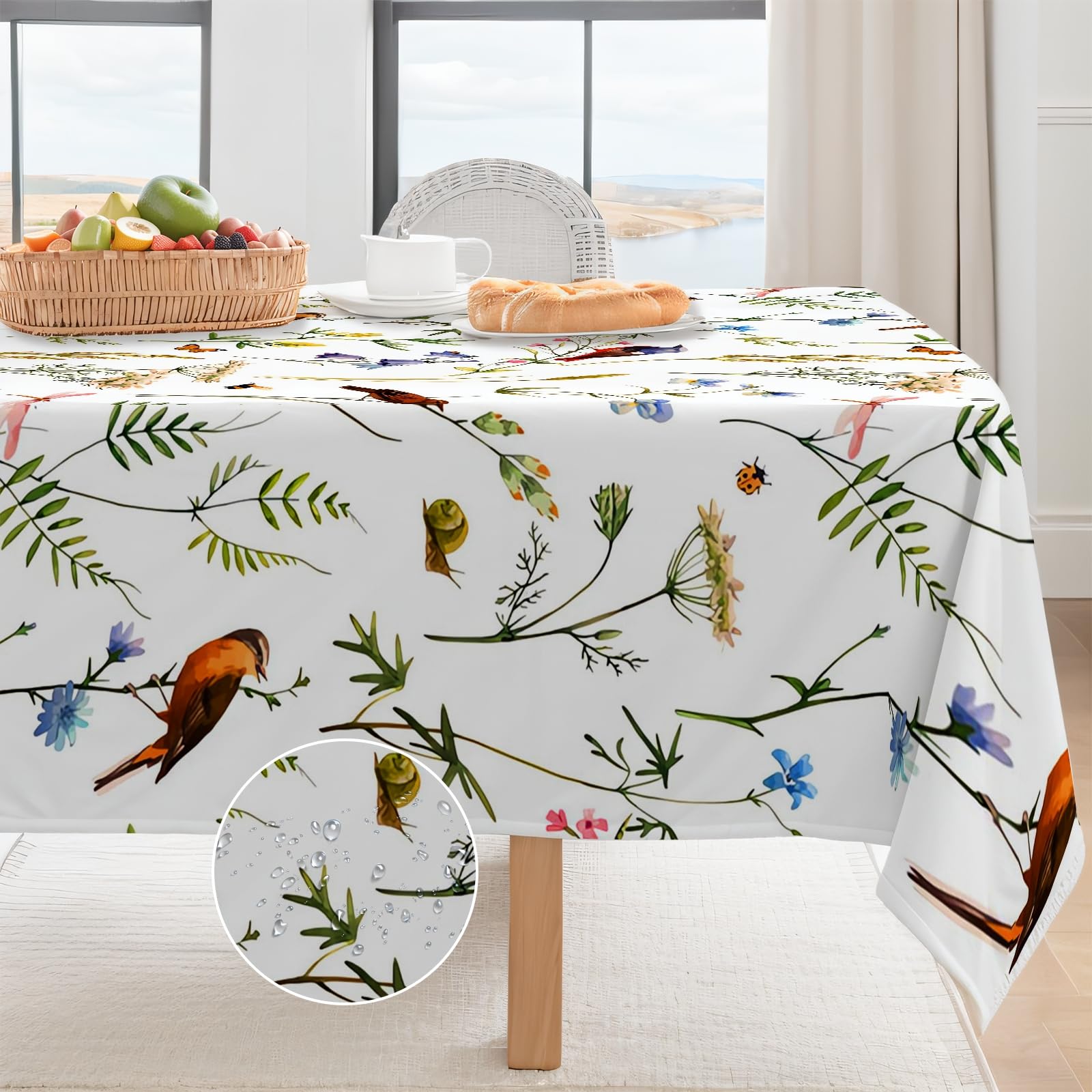 jklitio Wipeable Table Cover - Spring Birds Flowers Polyester Rectangular Table Cloth, Waterproof Tablecloth for Dining Wedding Banquet Party Kitchen Indoor Outdoor Tabletop Use, 137x183cm(Style 9)