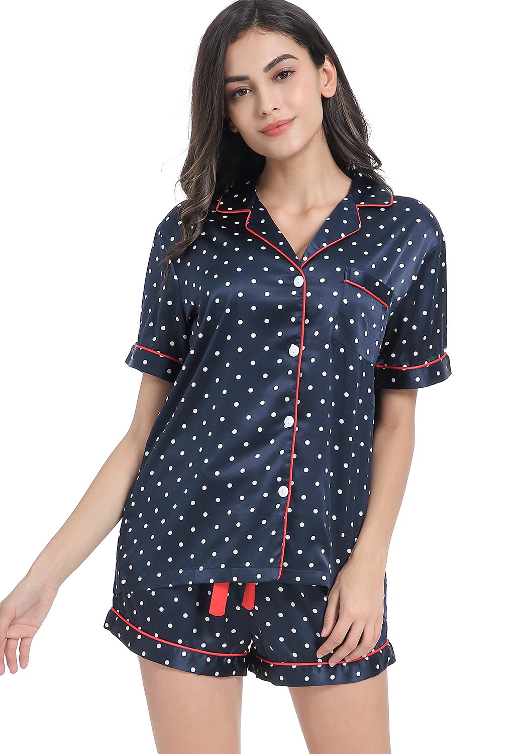 Serenedelicacy - Pijama de satén para mujer, conjunto de 2 piezas, ropa de dormir, ropa de estar por casa, abotonado, manga corta, sedoso