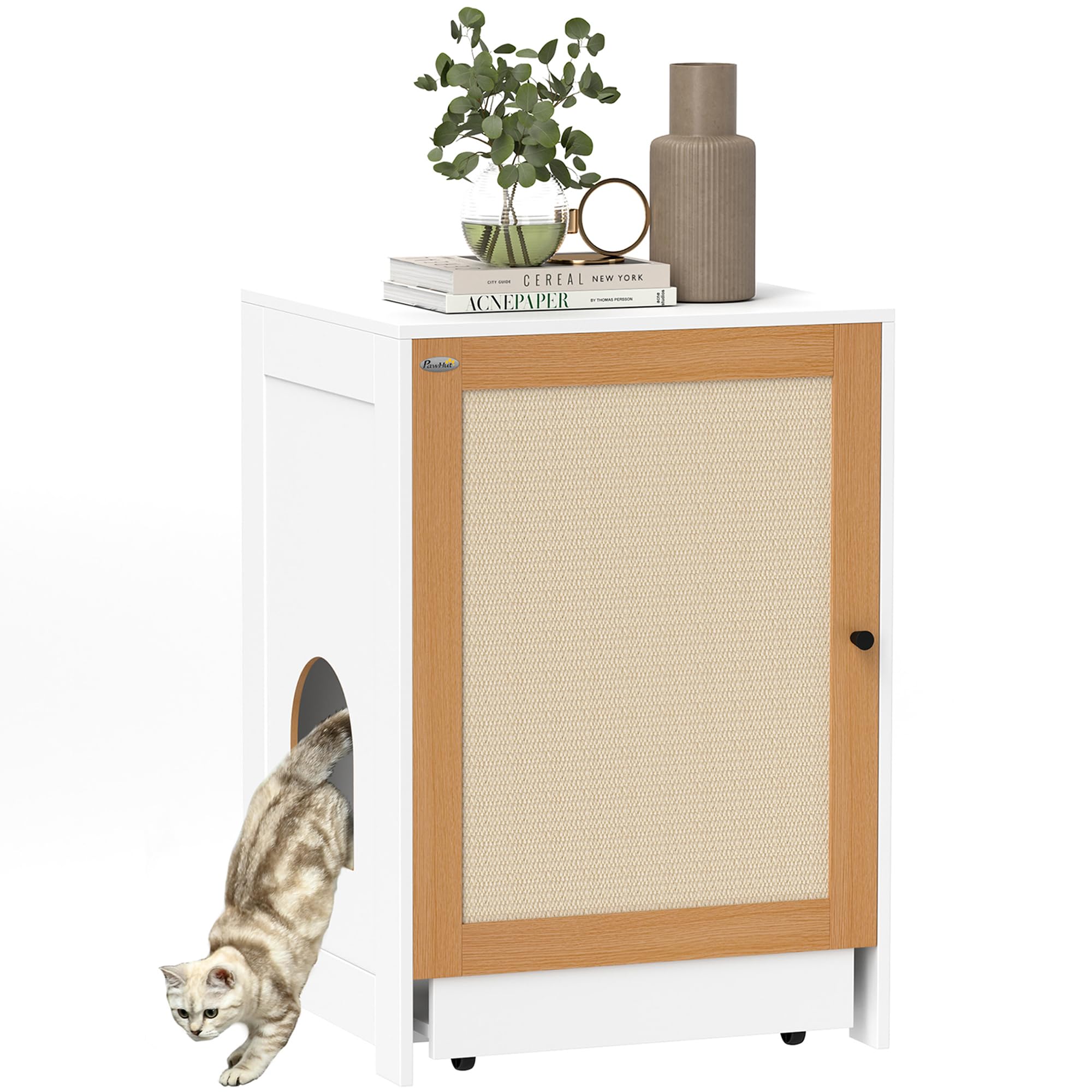 PawHut Arenero para Gatos Mueble Arenero con Bandeja Extraíble Compartimentos Ruedas y Tapete para Rascar Caja de Arena para Gatos para Interior 57x50x80,5 cm Blanco y Roble