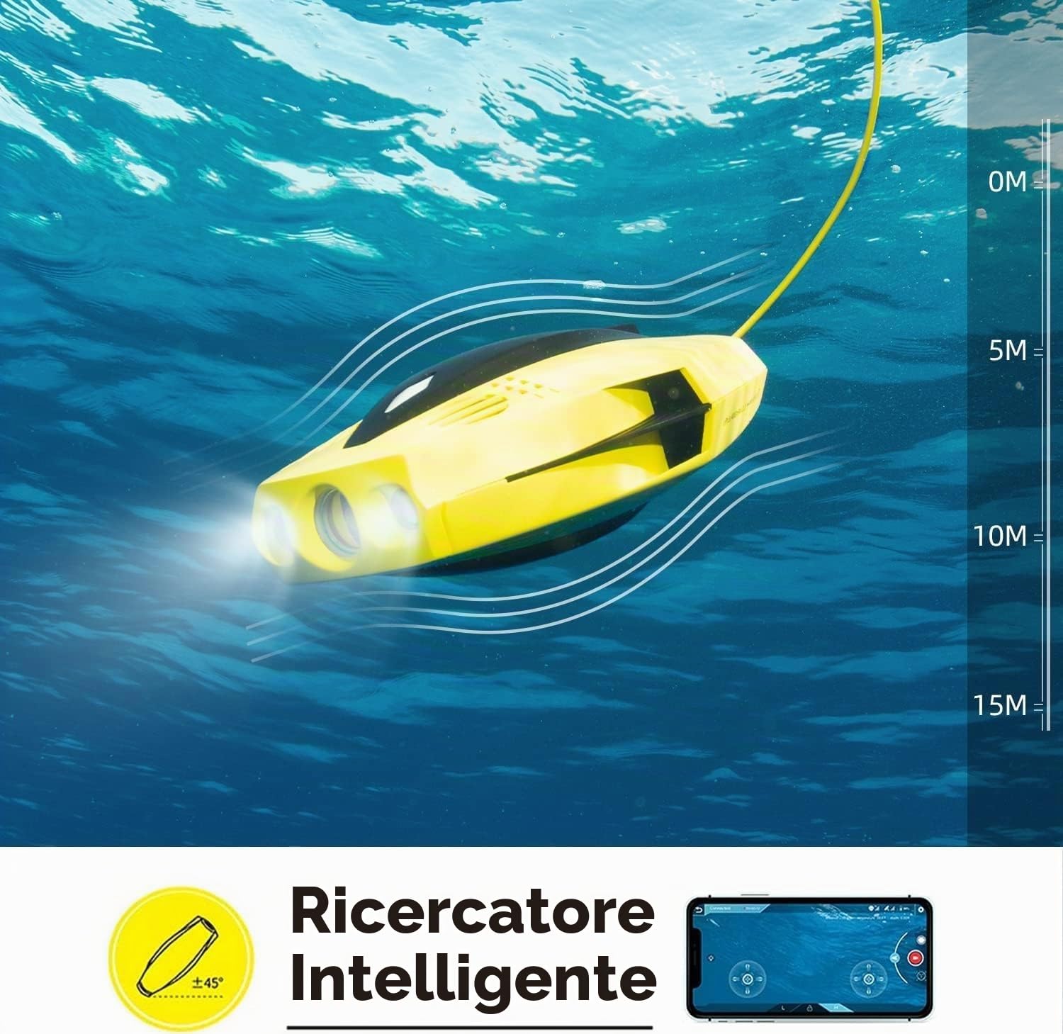 Drone subacqueo, rilevatore subacqueo, drone con telecamera, Full HD 1080p, telefono cellulare/telecomando (doppio controllo), 4 accessori selezionabili, visualizzazione in tempo reale(A)