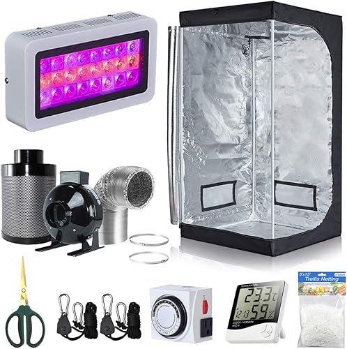 BloomGrow - Carpa para cultivo con conducto de filtro de ventilador de 10 cm, luz LED de 300 W, ganchos. higrómetro, tijeras, temporizador de 24