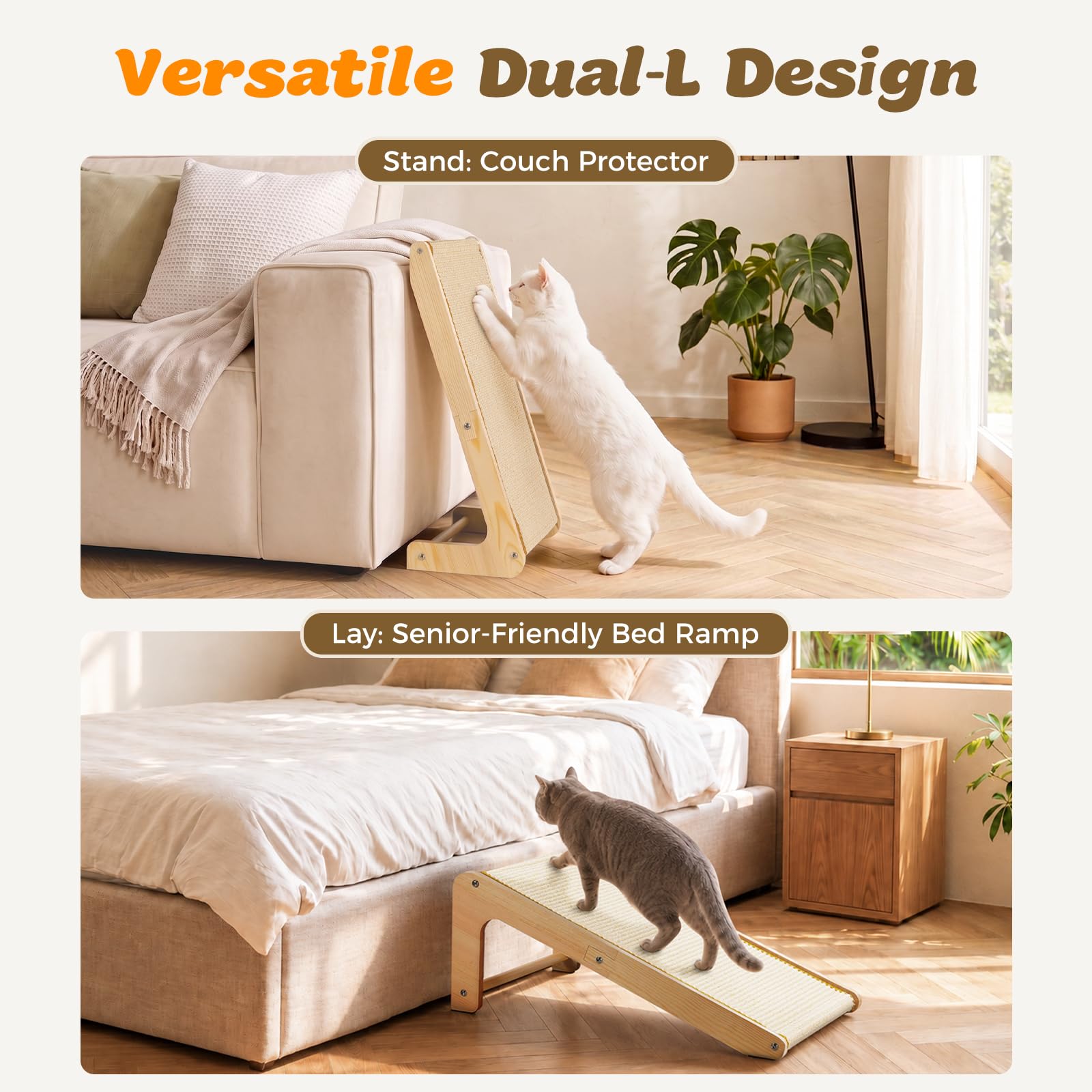 Gimars Double Usage Griffoir pour Chat sisal en Forme de L, 62cm Protège-Canapé & d'angle, Rampe de Grattage en Bois Véritable avec Tapis Robuste, Meuble pour Grands Chats d'Intérieur