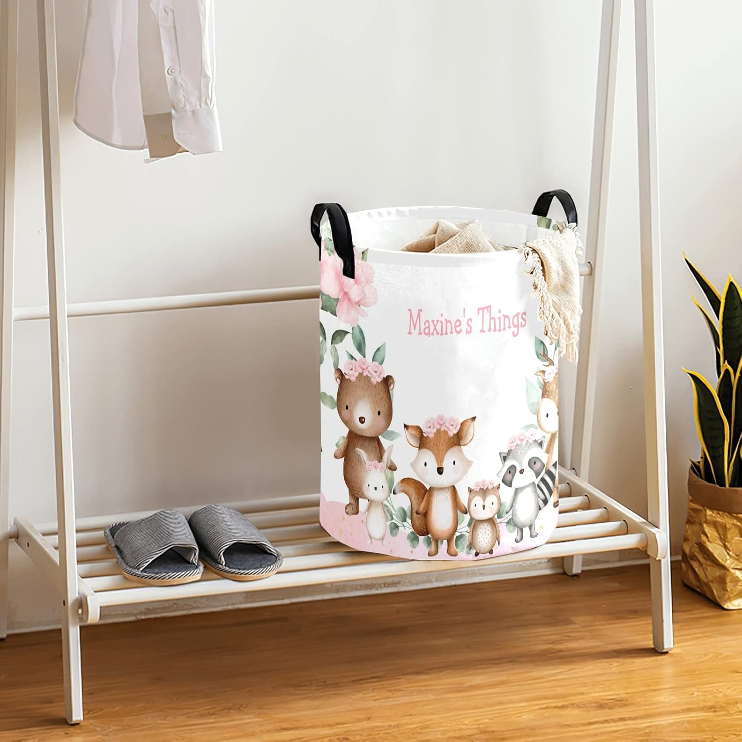 Personalized Laundry Basket, Woodland Animals Pink Floral Custom Storage Bins Laundry Hamper with Name Collapsible Toys Organizer