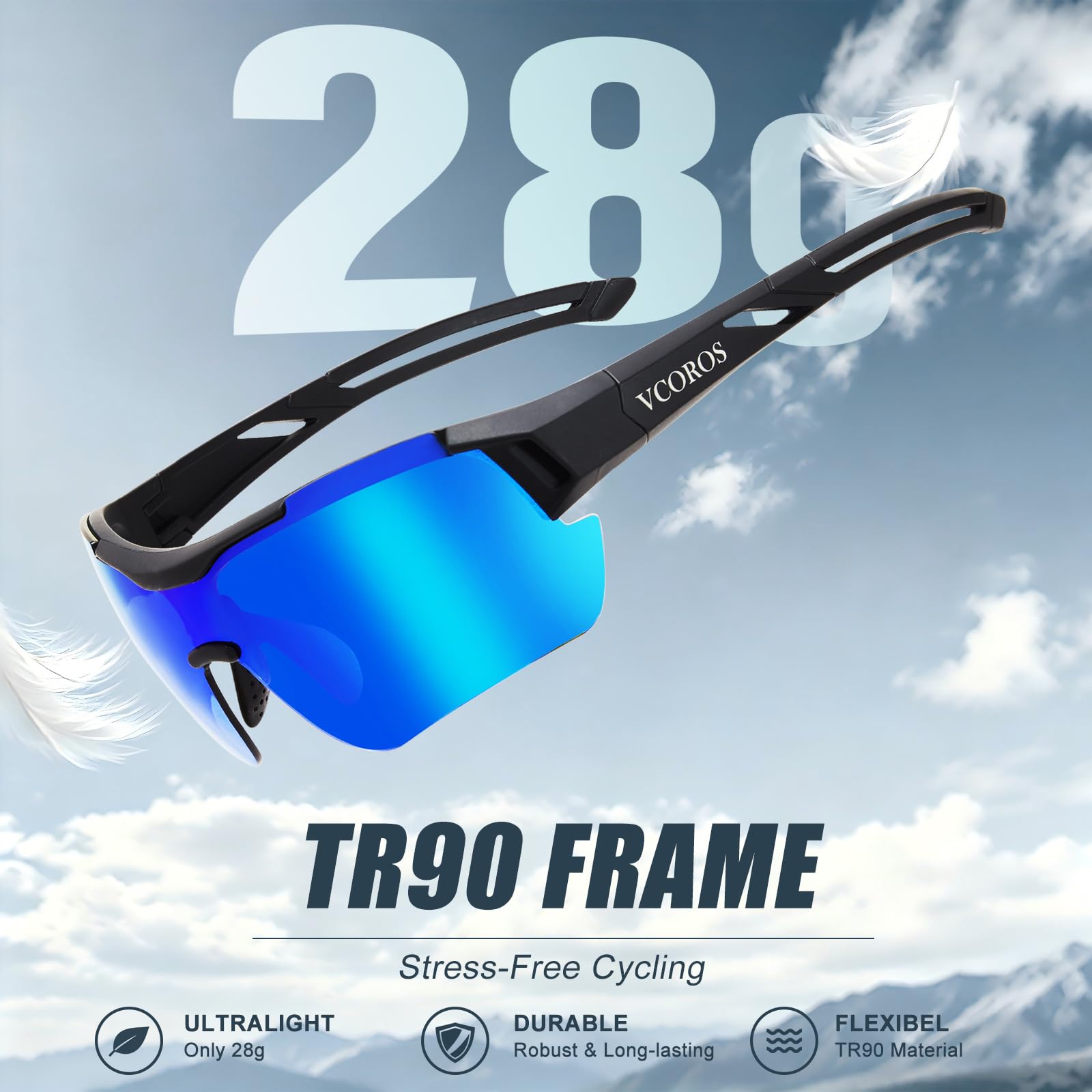 VCOROS Lunette de Cyclisme JN007 Lunettes velo Homme Femme Protection UV400 Monture TR90 Lunette de Soleil Sport pour Cyclisme Moto Pêche Conduire