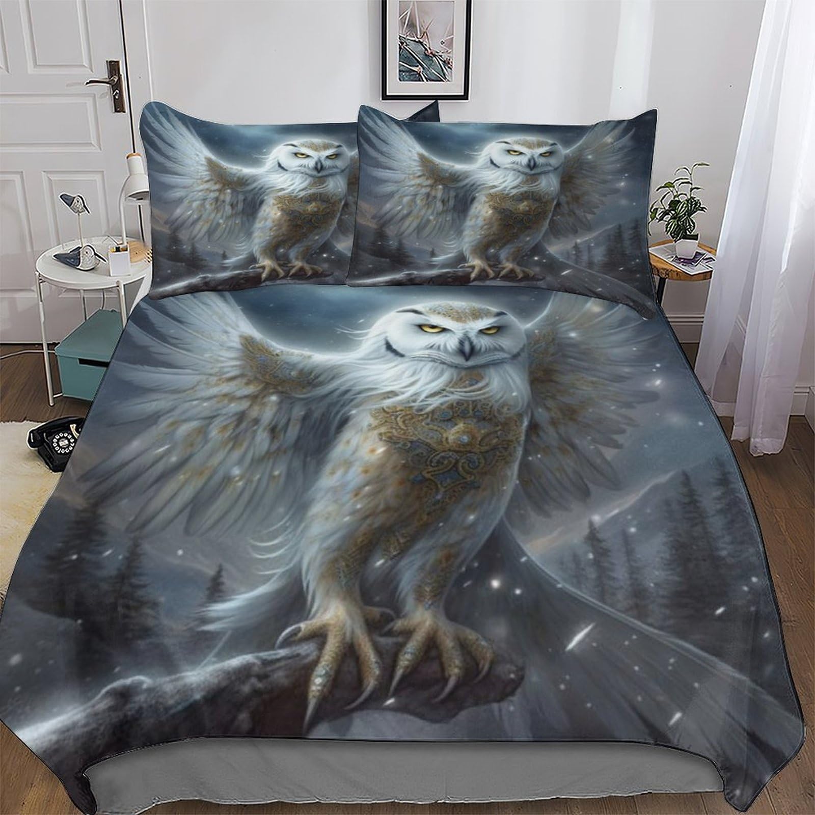 Housse de couette hibou avec fermeture éclair pratique, parure 200x200 anti-plis en microfibre