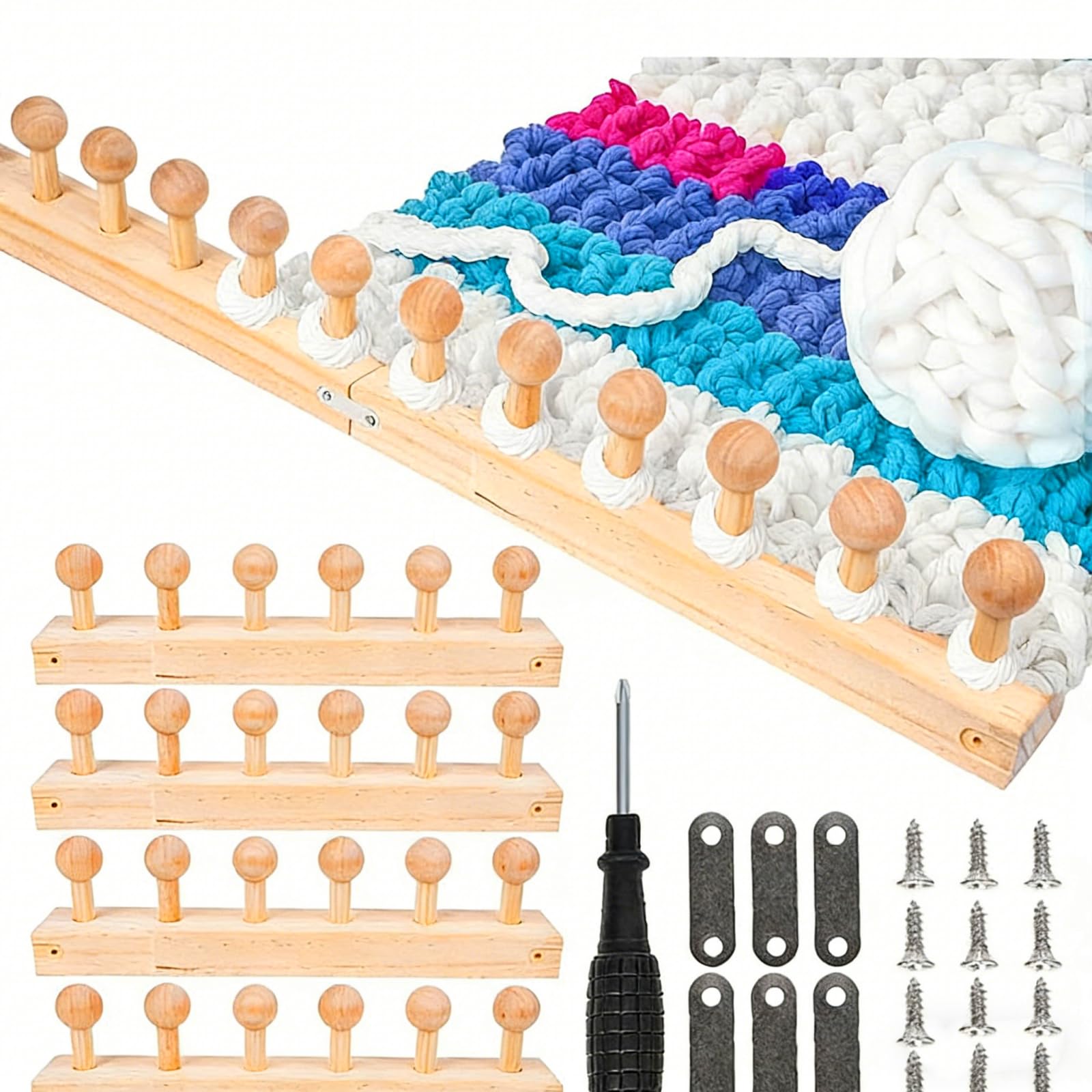 Chunky Knitting Blanket Looms Set, 52" Thick Wooden Weaving Loom Kit for Chunky Blankets, 4-in-1 Wood Chunky Yarn Knitting Loom Kit for DIY Blankets Throws, Hand Knitting Tools for Thick Yarn Beginner
