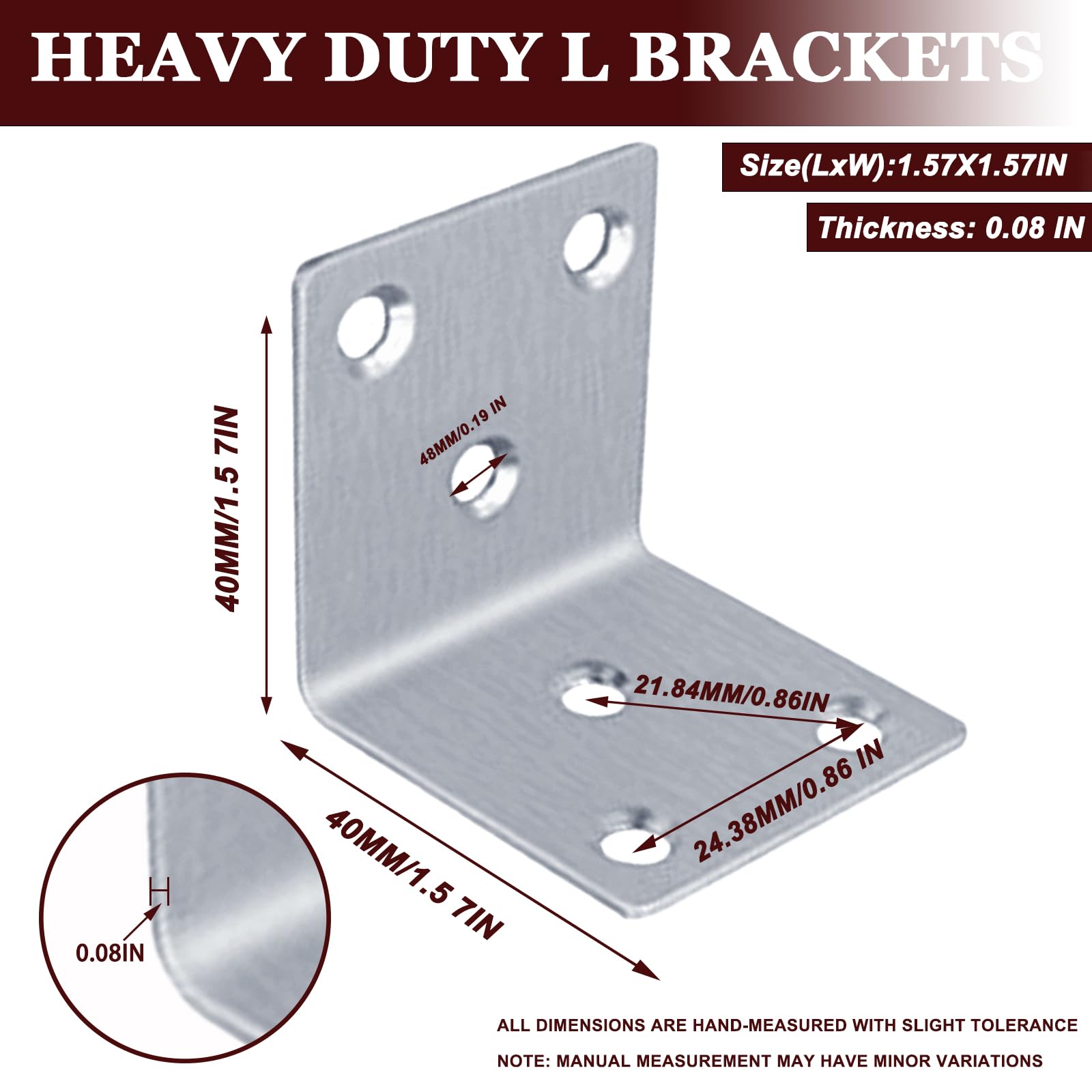 25-Pack 40mm x 40mm Right-Angle Brackets, 2mm Thick Silver Stainless Steel - Image 2