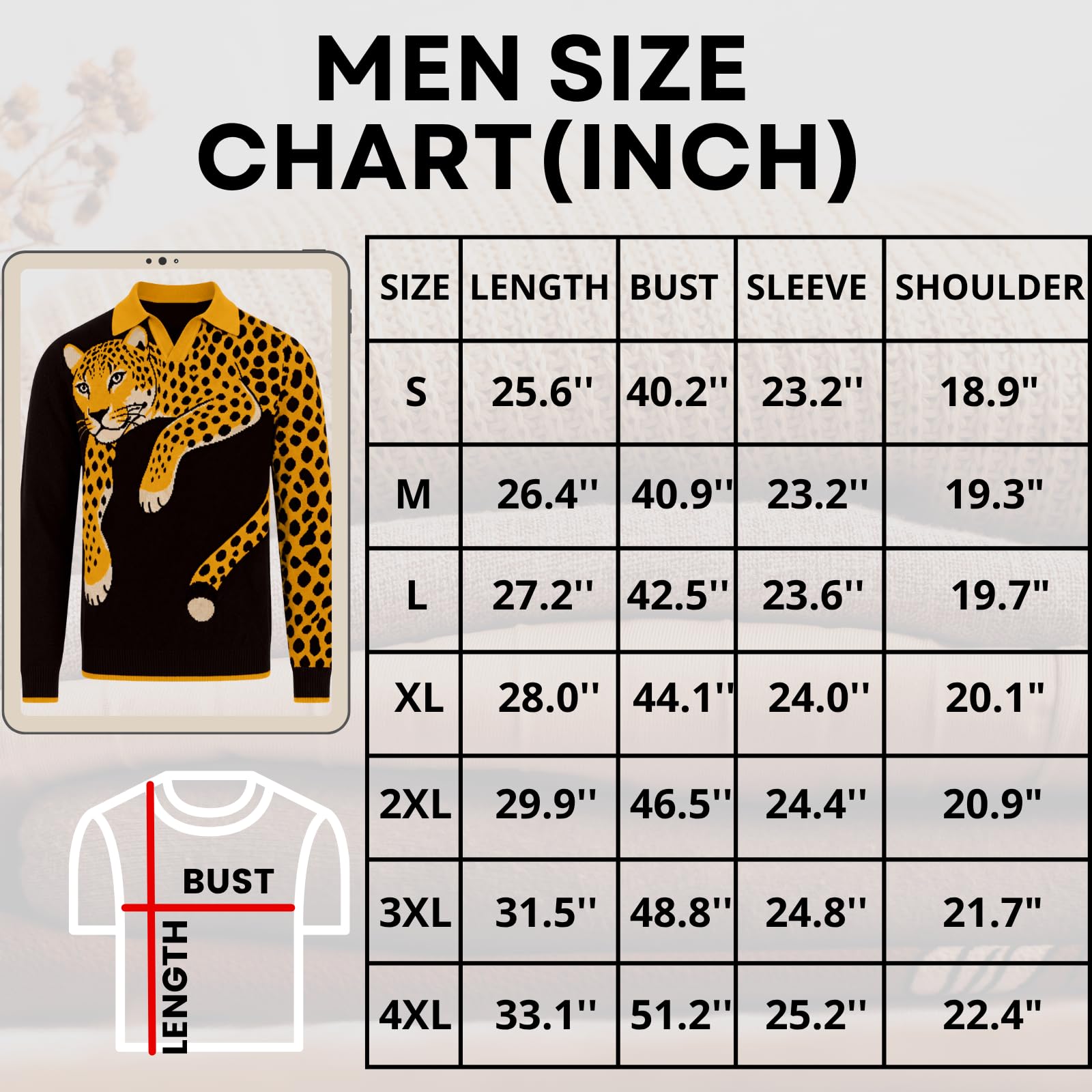 OXKNIT - Polo da uomo a maniche lunghe, in tessuto jacquard leopardato retrò, scollo a V, colore: nero