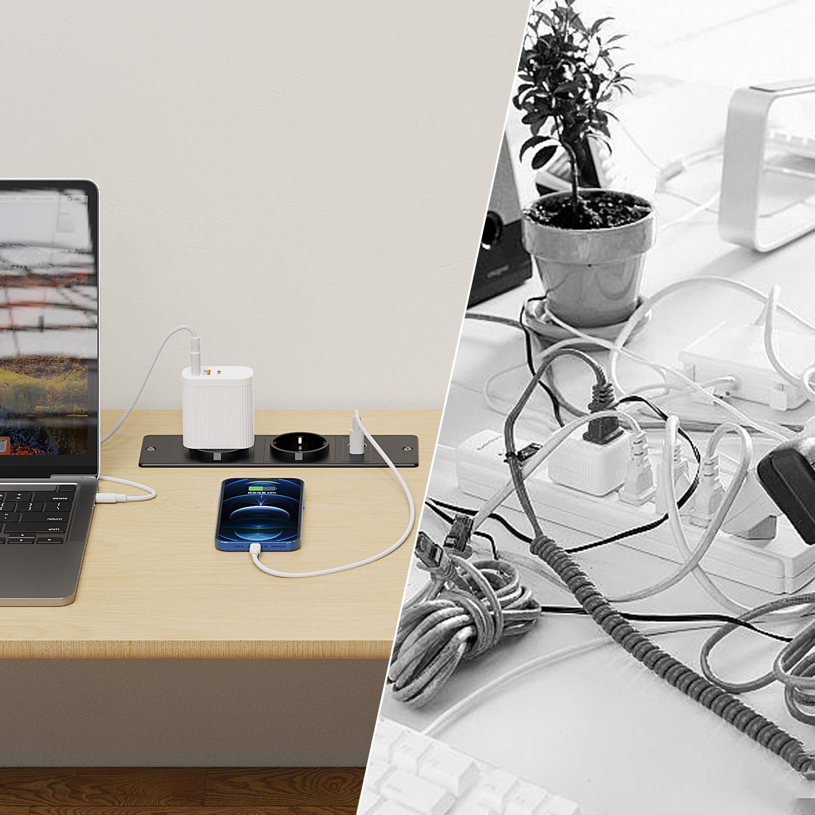 Prise de Table avec USB C PD 20W, Prise encastrée 2 Prises avec USB A, multiprise encastrée pour Plateau de Table Meubles ou Plans de Travail, 2m de câble, 250W/16A, Noir