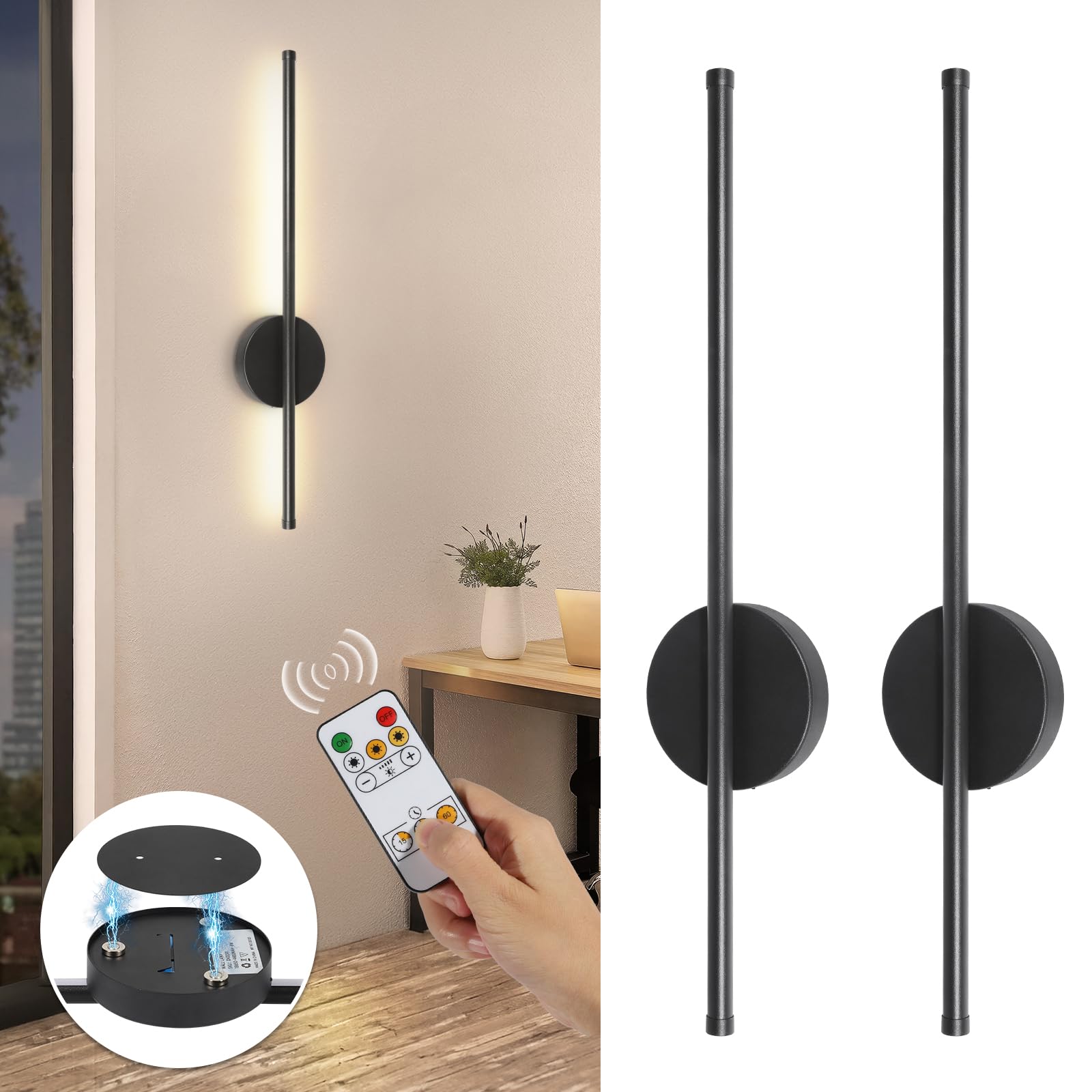 TaoFiaCo 60CM Appliques Murale LED Intérieure Noir Lot de 2 - Lampe Murale sans Fil 3 Températures de Couleur - Luminaire Mural à Batterie avec Télécommande pour Chambre à Coucher Salon Salle à Manger