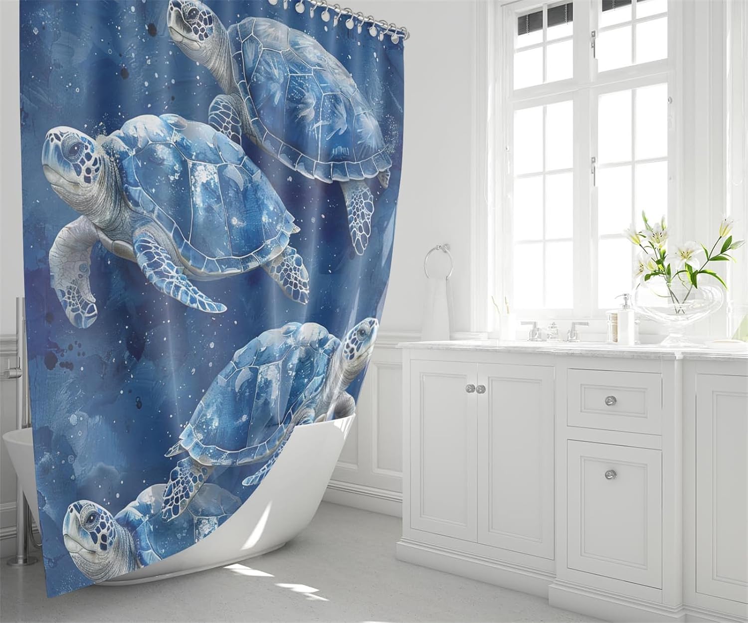 Sea Turtle Shower Curtain - 4 Pcs Turtle Bathroom Shower Curtain Sets with Rug Turtle Shower Curtains for Bathroom Sea Turtle Bathroom Decor for Bathroom Decor with 12 Hooks