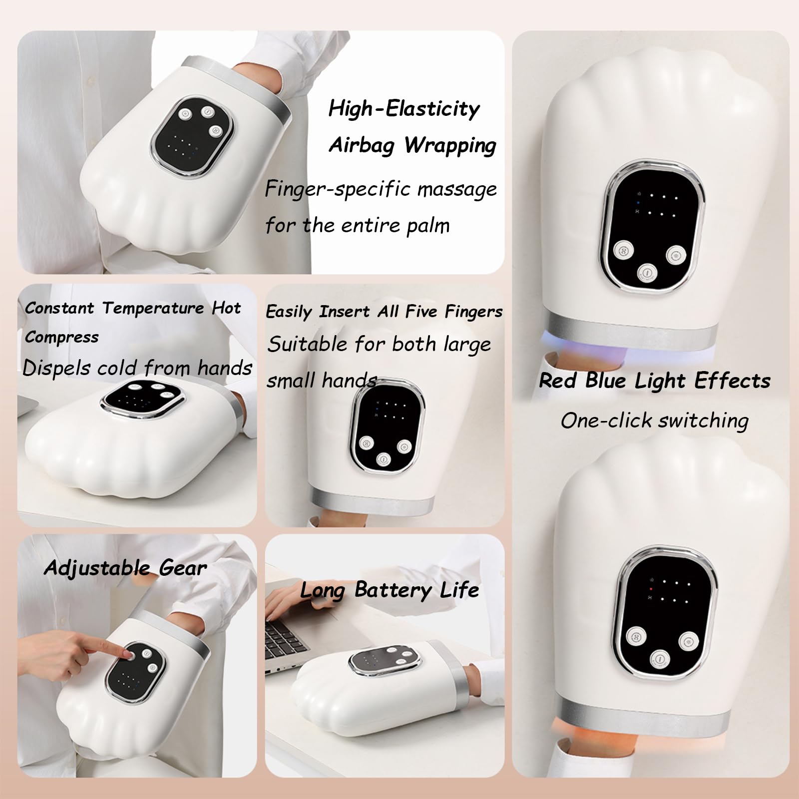 Massaggiatore per Le Mani,con Calore E Compressione,Airbag Portatile,per Il Sollievo Dall'Artrite dal Tunnel Carpale,Sollievo Dolore Dita,Polsi Mani, Uomini Donne(24.9 * 9.5 * 28.6cm,White)