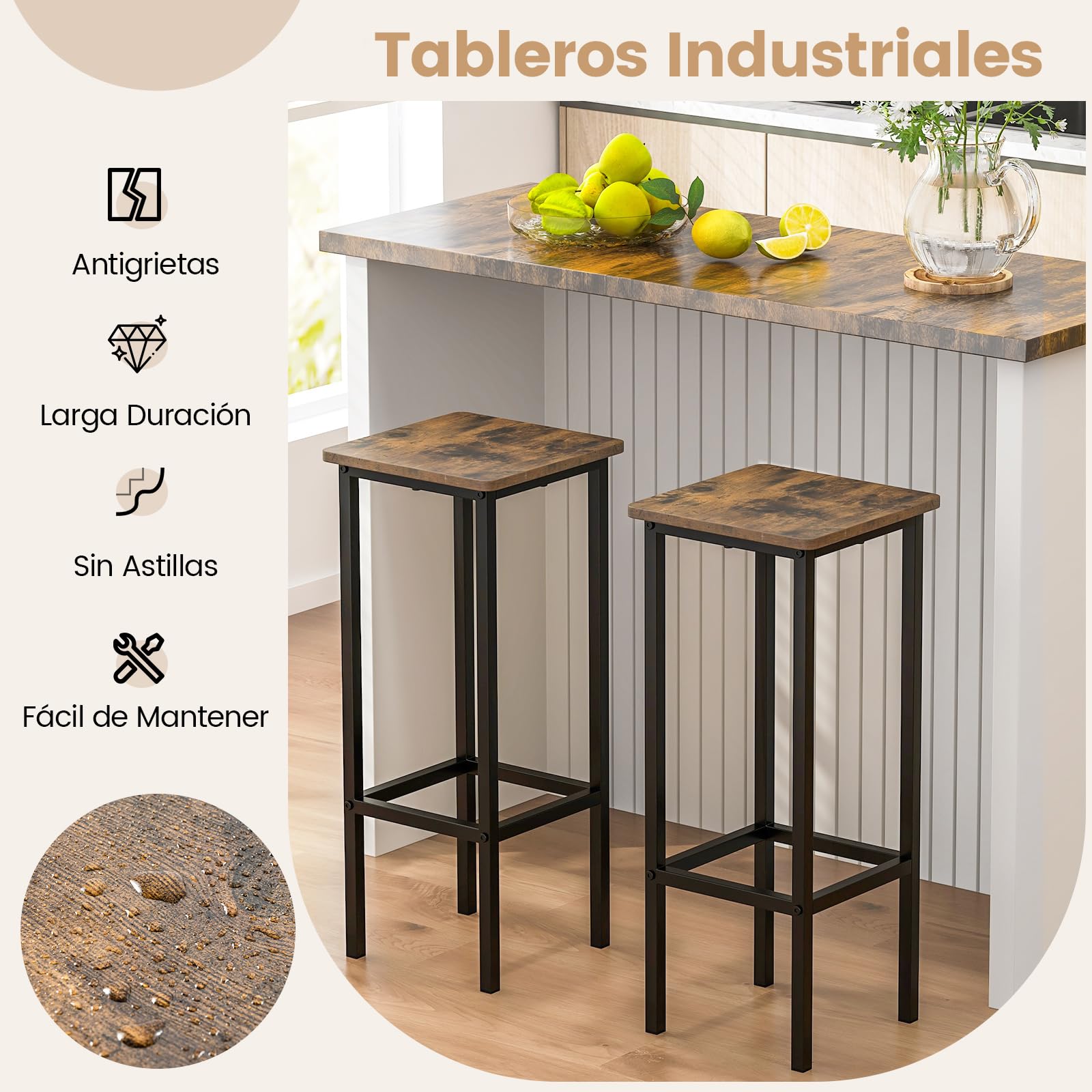 COSTWAY Juego de 4 Taburetes de Bar, 30 x 30 x 72 cm, Silla de Comedor con Marco de Metal y Asiento de Madera, Taburete Alto para Comedor Cocina, Fácil de Montar (72 cm)