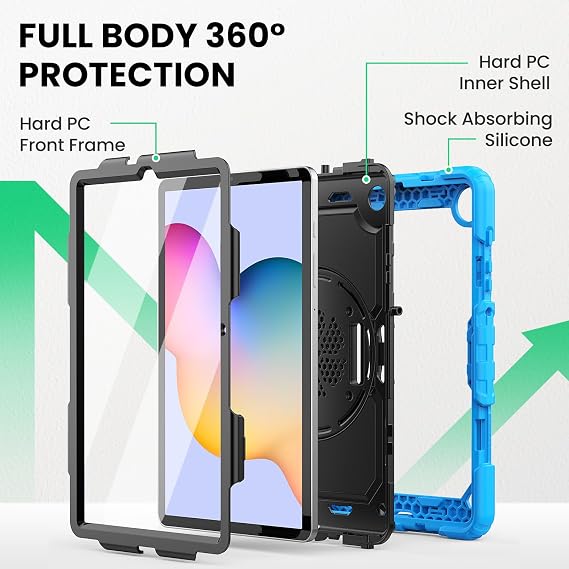 SEYMAC Case for Samsung Galaxy Tab S6 Lite 2024/2022/2020 Shockproof Protective Case with Screen Protector Shoulder Strap 360 Degree Rotating Hand Strap and Stand Case for S6 Lite 10.4 Inch Light Blue