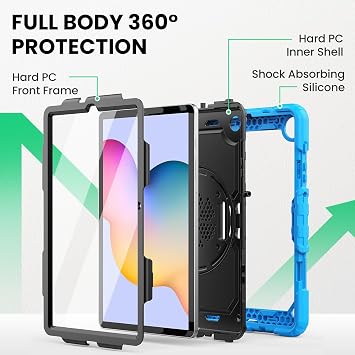 SEYMAC Case for Samsung Galaxy Tab S6 Lite 2024/2022/2020 Shockproof Protective Case with Screen Protector Shoulder Strap 360 Degree Rotating Hand Strap and Stand Case for S6 Lite 10.4 Inch Light Blue
