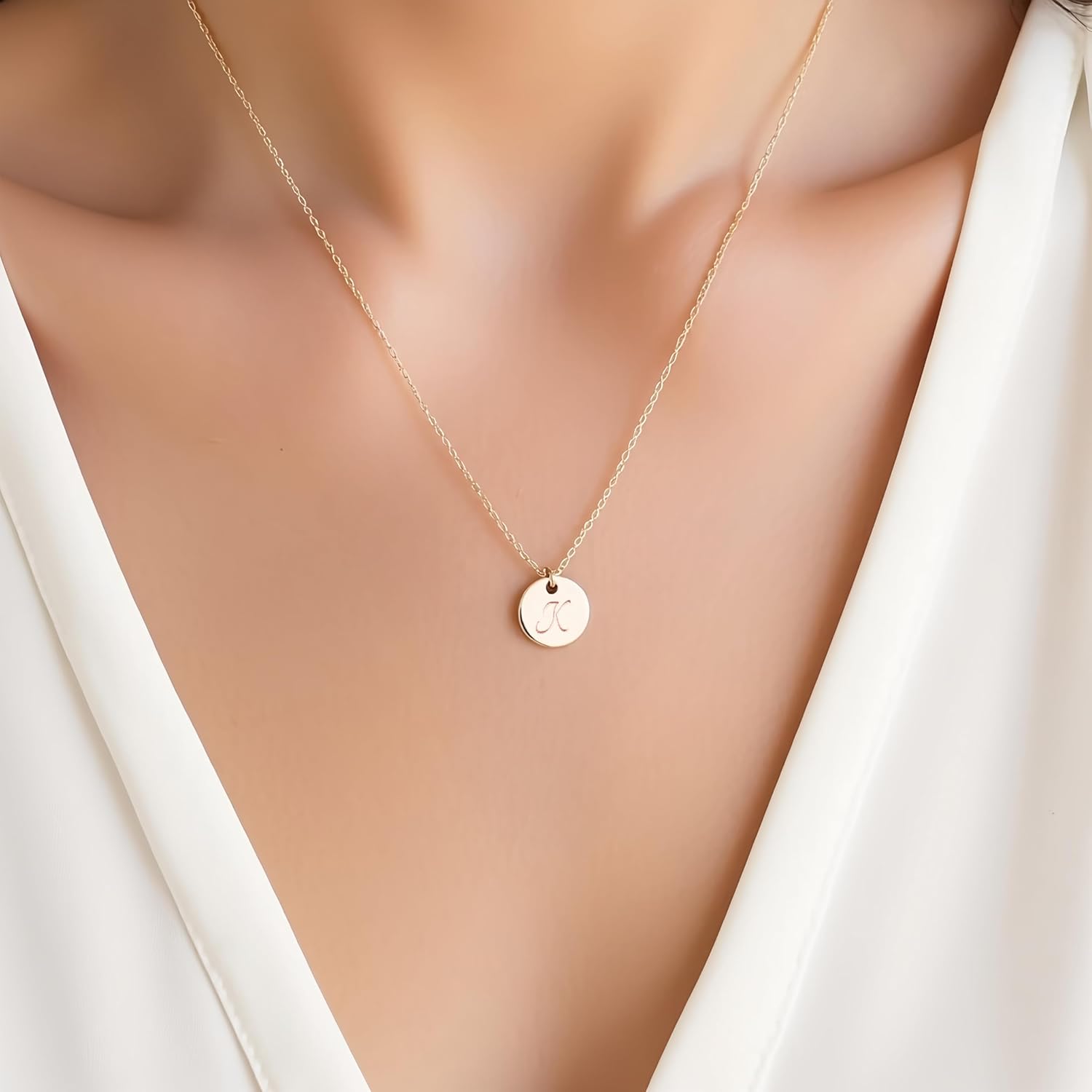 Petite Boutique Personalized Gift Coin Disc Initial Necklace Dainty Gold Silver Rose Gold Plated Disc with Delicate Initial