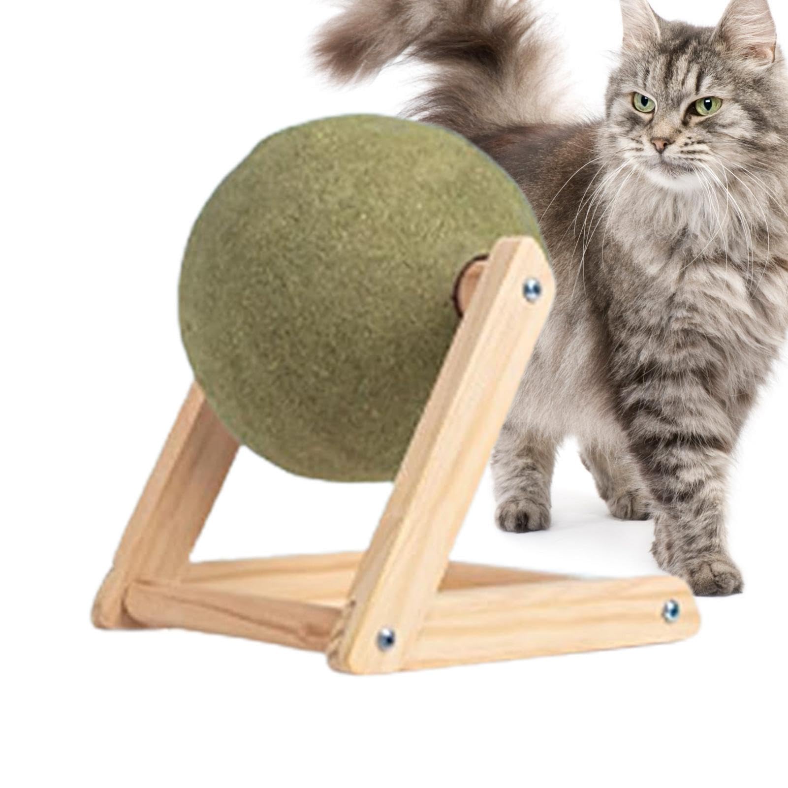 Catnip Ball Toy, Giant Catnip Ball with Wood Stand, Catnip Balls, Catnip Balls Toy for Cat, Rotating Catnip Ball, Teeth Cleaning CatsDental Edible Kitten Toy, Natural Rotating Cat Toy - S/L
