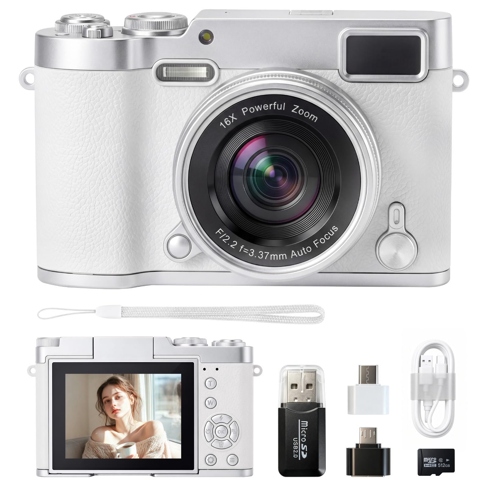 48MP Digital Camera for Kids, 1080P HD Vlogging Camera with 180° Flip Screen, 16X Digital Zoom, Anti-Shake Autofocus Compact Camera, Webcam Function, Rechargeable Battery & Memory Card