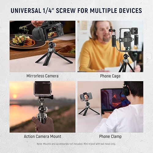 Miniatura 4 de NEEWER Mini trípode de metal para cámara con cabeza de bola giratoria de 360 3 soportes de zapata fría, trípode de viaje de escritorio con tornillo