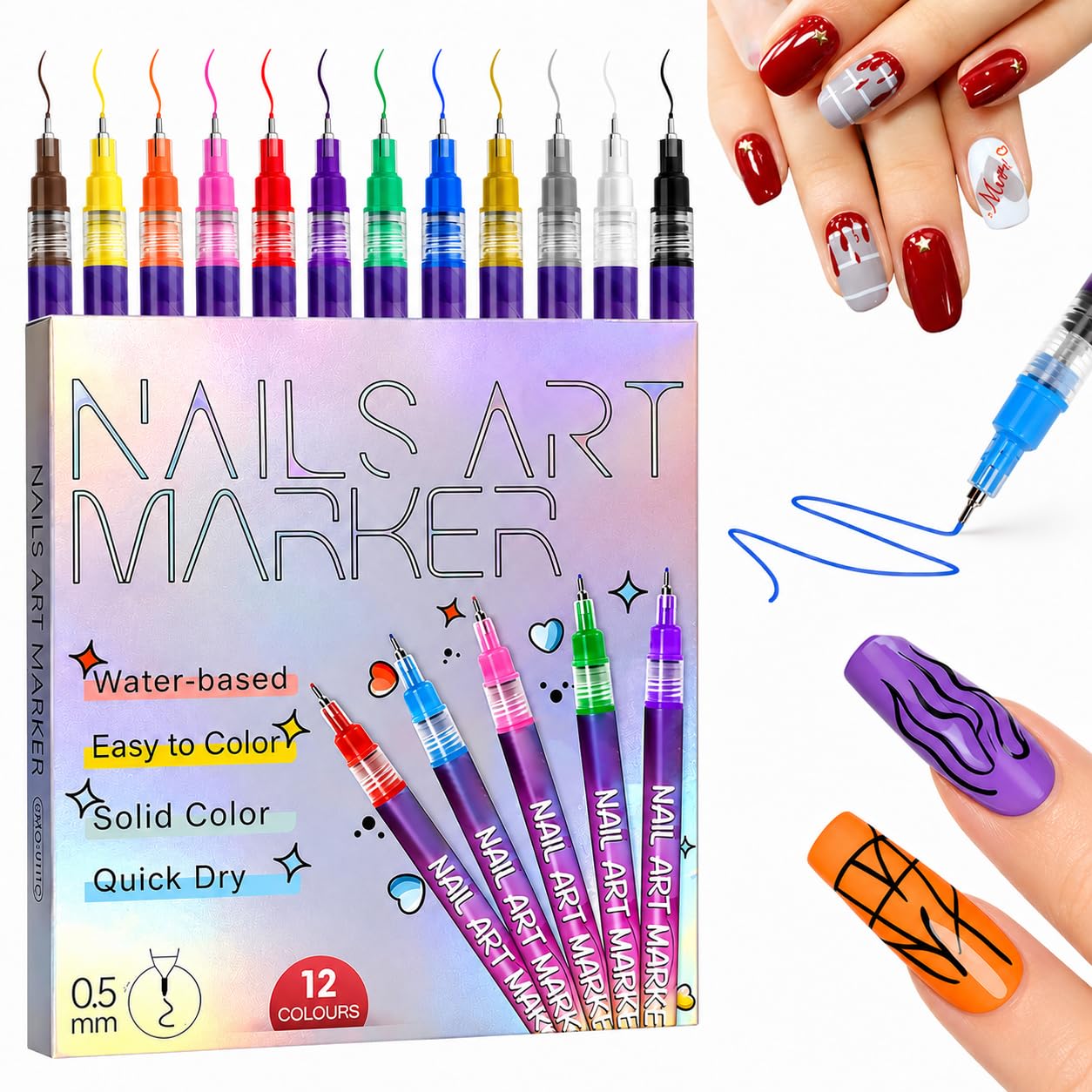 Nail Art Marker Pens Set of 12 Colors - Water-Based Fine Tip 0.5 mm Nail Design Pens, Quick Dry Waterproof DIY Nail Art Kit for Drawing, Dotting & Salon Style Designs-image-16