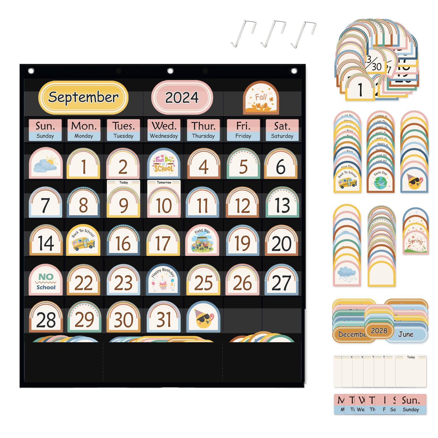 amazon-com-boho-pocket-chart-for-classroom-with-127-cards-black-preschool-calendar-homeschool-family-calendar-for-kids-calendar-learning-teacher-supplies-preschool-classroom-must-haves-office-products