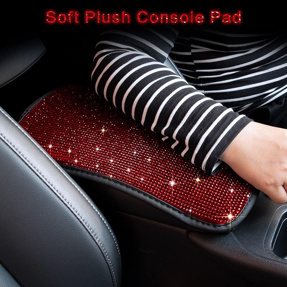 eing Auto Center Console Pad Crystal Bling Car Armrest Seat Box Cover Protector Universal Fit Diamond Car Decor Accessories for Women,13.97"x8.66",Red