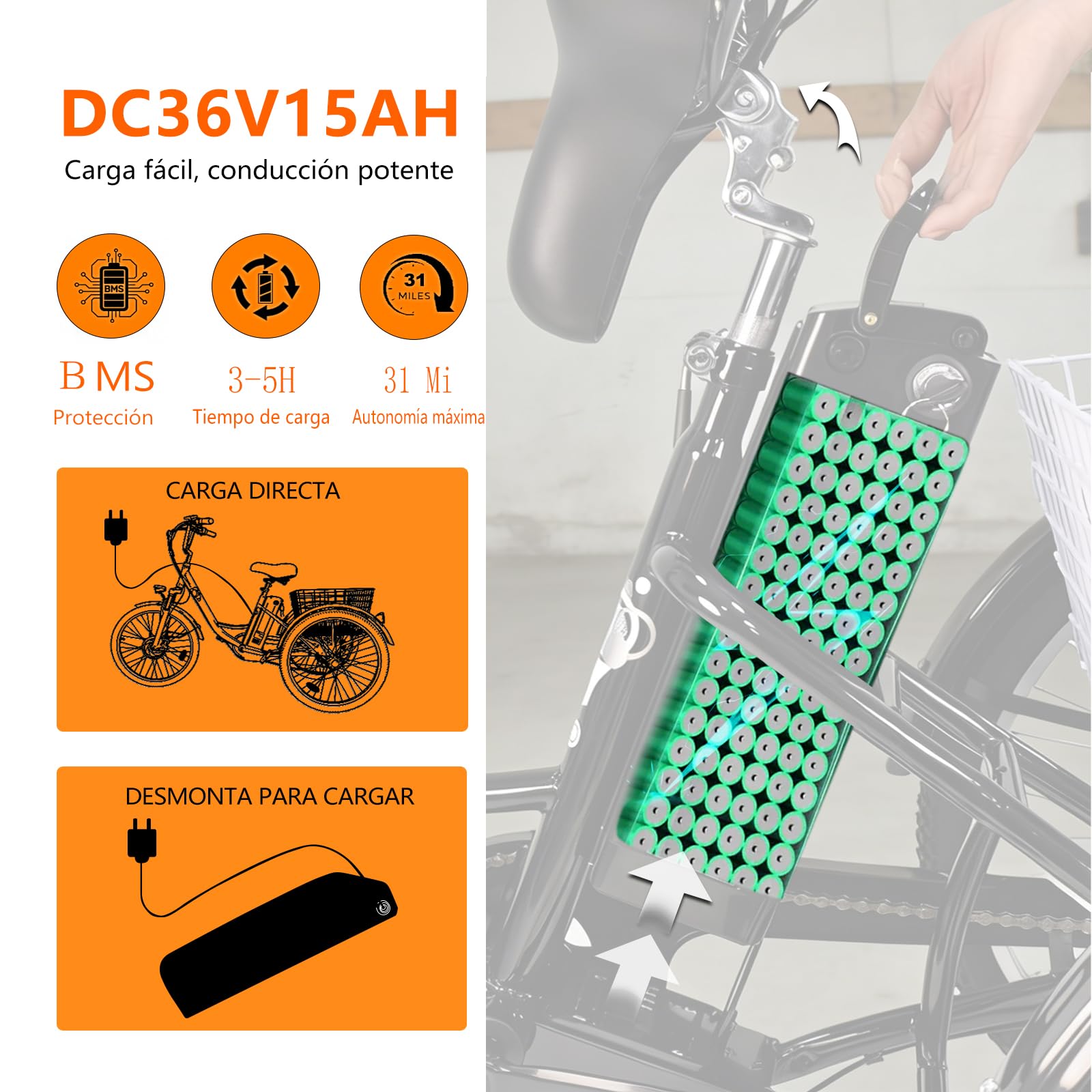 Triciclo eléctrico para adultos, 24 pulgadas, plegable, para hombre y mujer, 3 ruedas, con batería de litio de 36 V, 15 Ah, motor de 250 W, pantalla LCD, velocidad 25 km/h
