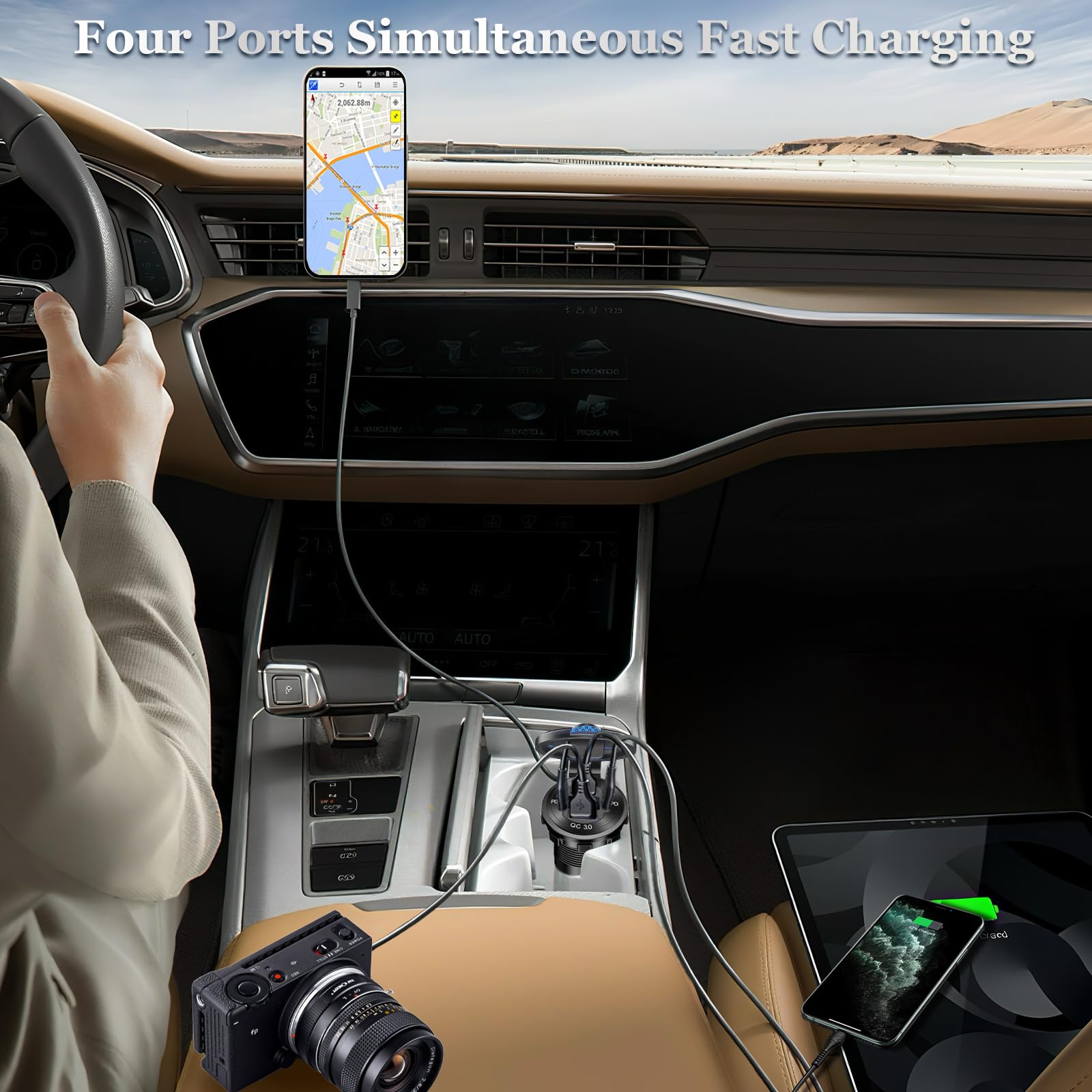84 W 4-portowe gniazdo ładowarki samochodowej USB 12 V/24 V z podwójnym szybkim ładowaniem PD3.0 i podwójnym szybkim ładowaniem QC3.0, wodoodporne gniazdko USB C ze stopu aluminium z woltomierzem LED