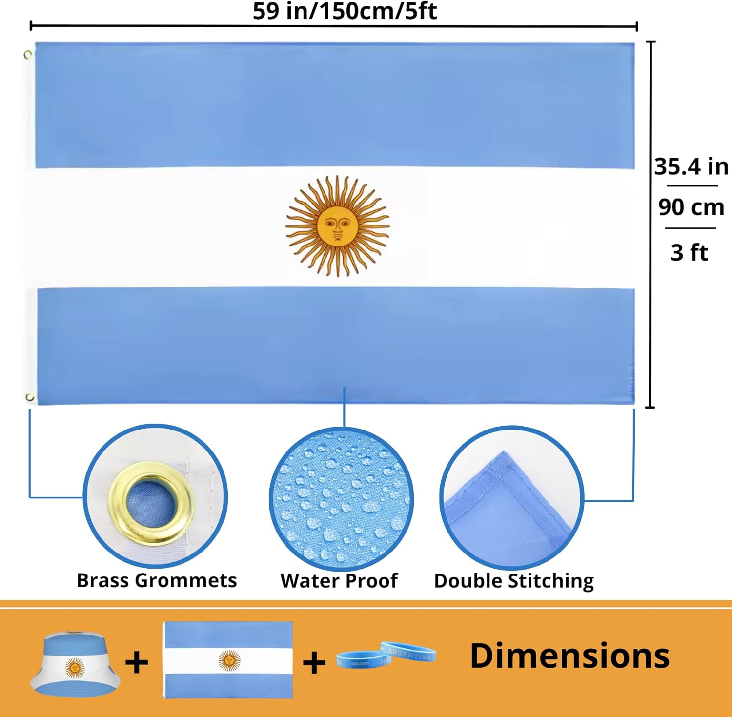 Argentina Flag Set 3x5 Feet Flag, Bucket Hat in Argentina Colors, and 2 Silicone Wristbands Perfect for Sports Fans, World Cup, and Patriotic Events
