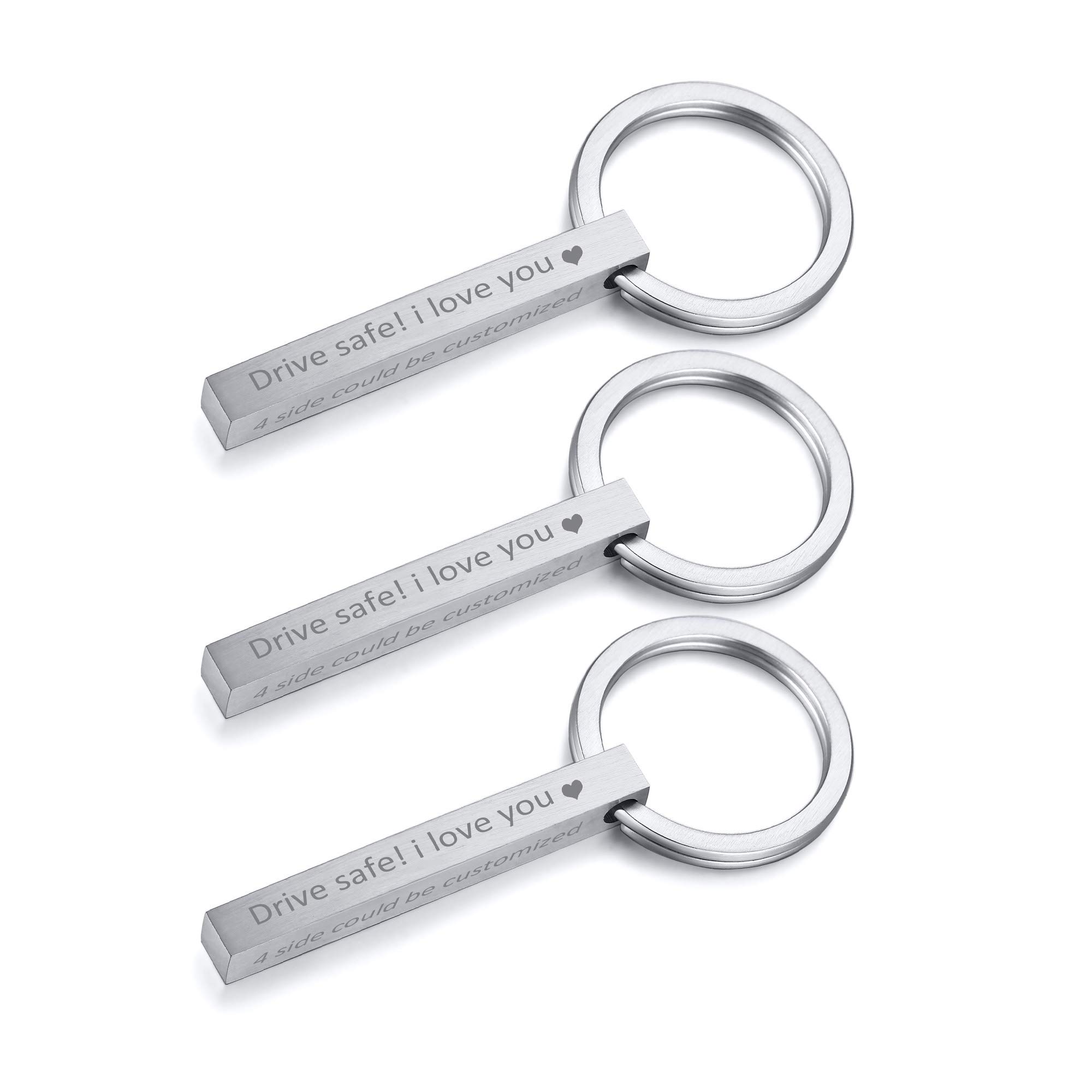 Customized Vertical Keyring, Cuboid Bar Keychains 4 Side Could Be Engraved Stainless Steel Matte Finish Minimalist Home Car Key Ring Birthday Personalized Jewellery for Men Women