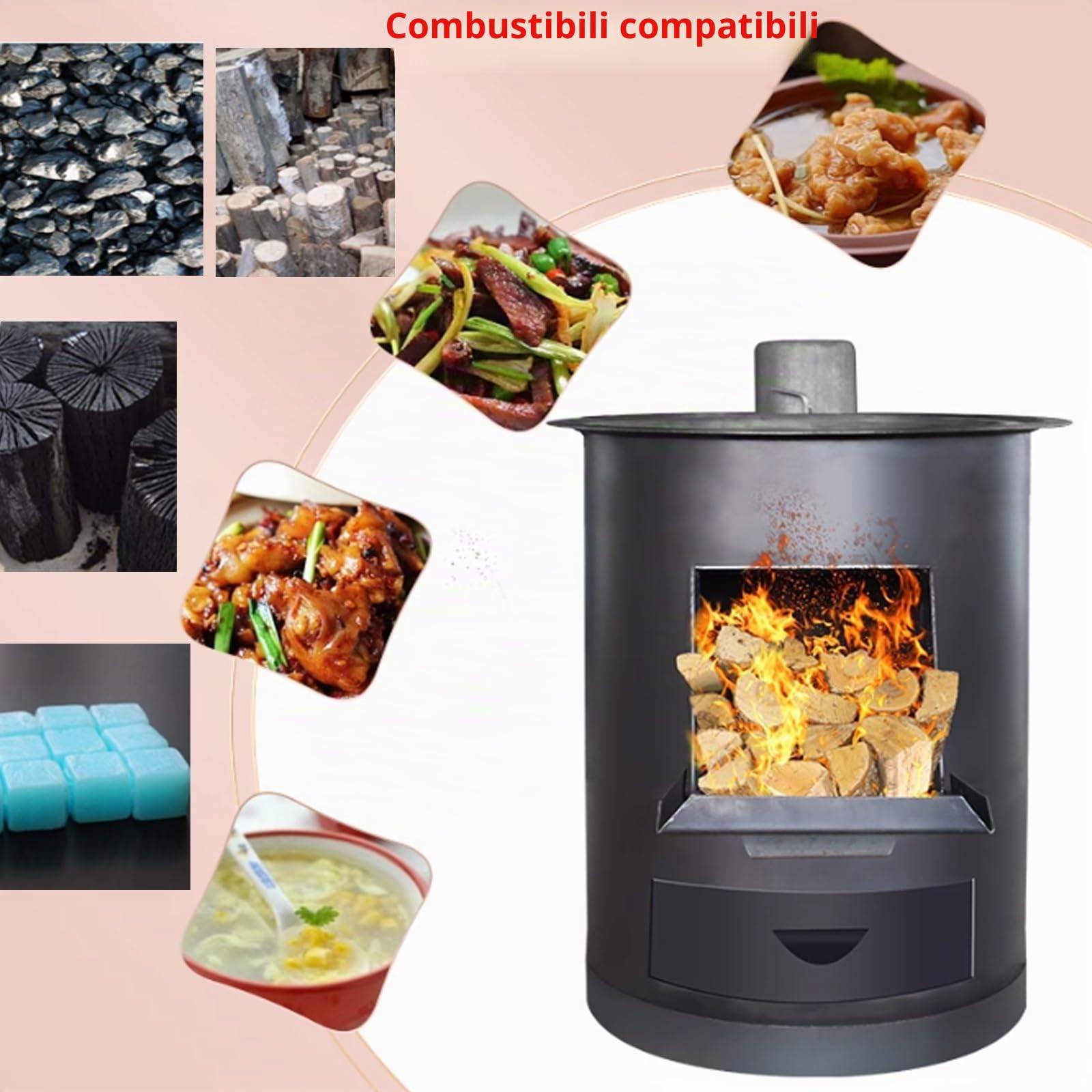 Stufa A Legna Multifunzionale Senza Fumo Struttura In Acciaio Robusta E Stabile, Anelli Di Combustione Multipli Per Cucinare, Bollire Acqua E Riscaldare Casa, Uso Interno/esterno(30 * 30 * 36CM)
