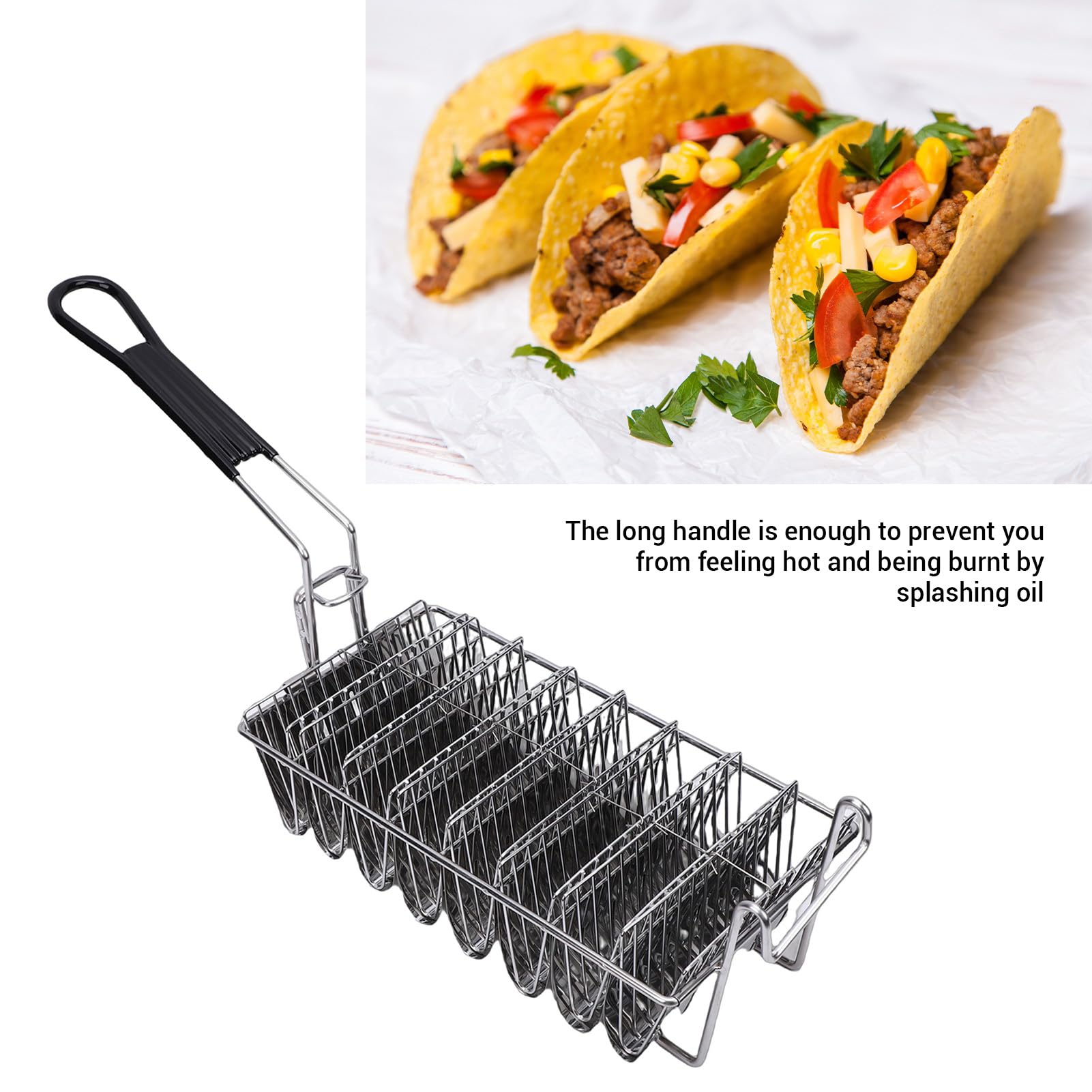 Cesta para freidora de tacos Buachois, 8 carcasas de acero inoxidable en forma de V con asa