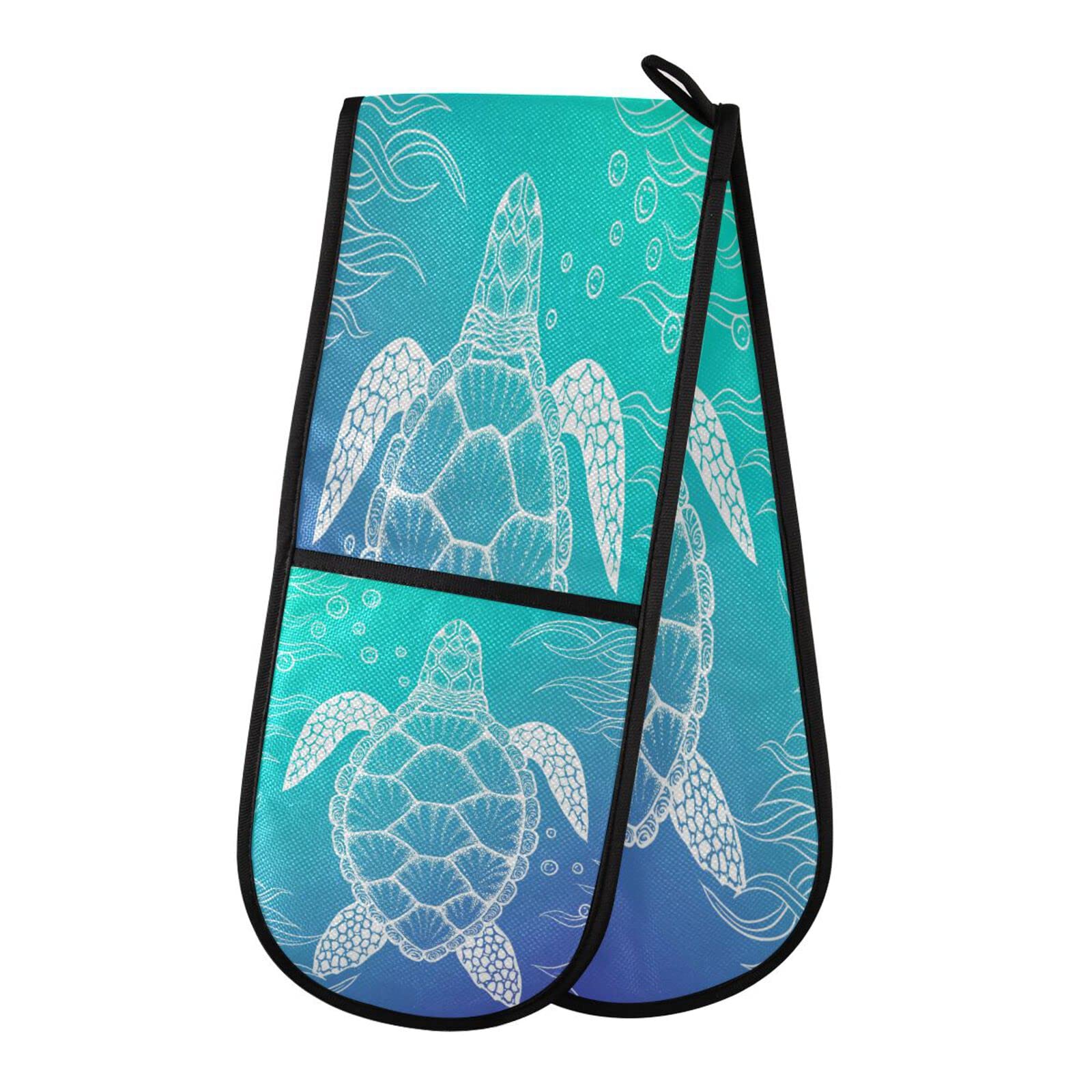 Double Oven Glove Sea Turtle Design Heat Resistant Double Ovens Mitt Modern Cooking Gloves Potholders